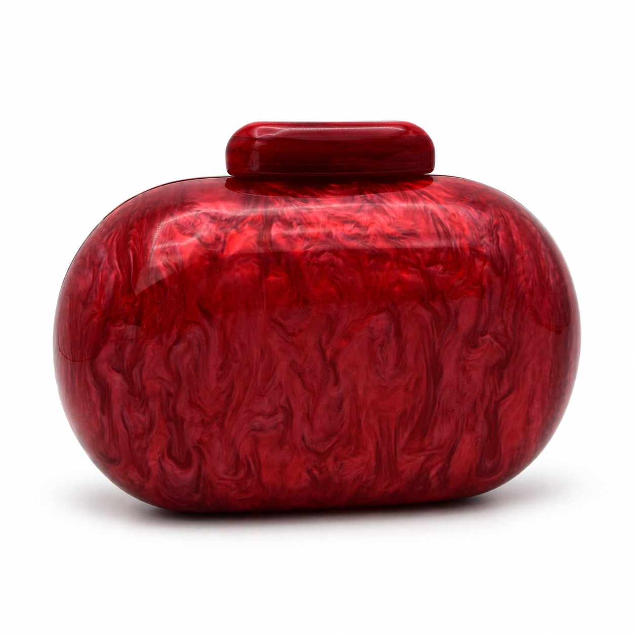 L’APOGÉE Stellar in Ruby marbled acrylic evening bag featuring deep ruby red tones and a sculptural gold chain detail designed for parties, formal events, and bold statement occasion styling.