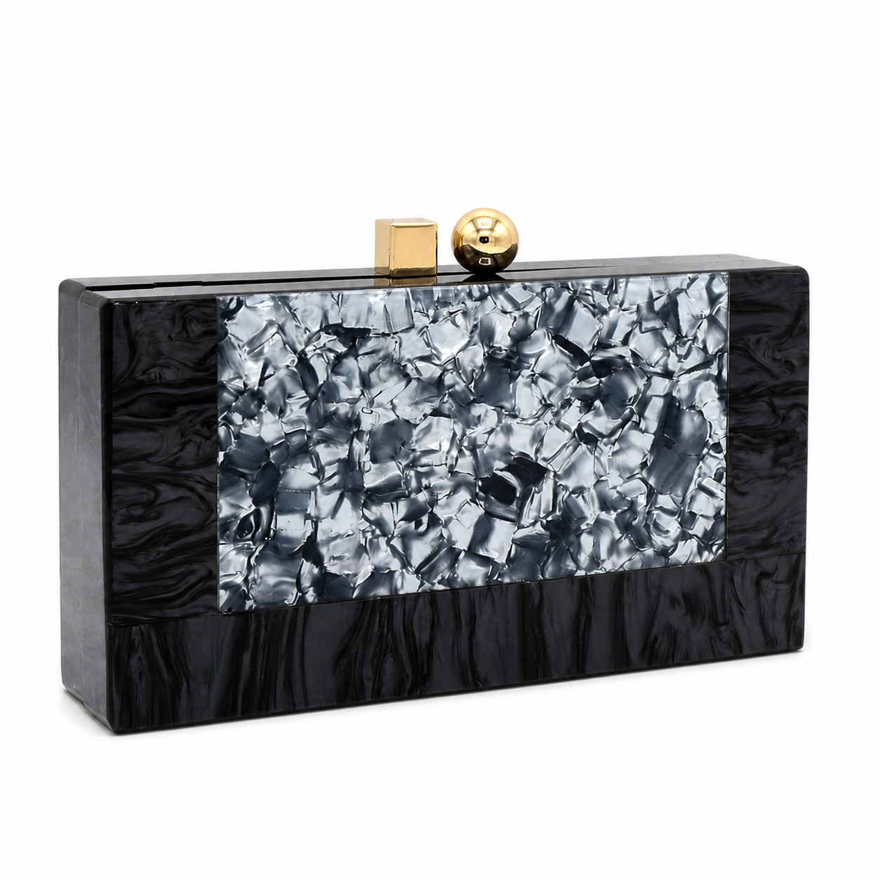L’APOGÉE Zenith in Black marbled acrylic clutch featuring black and silver textured detailing designed for formal events, luxury dinners, and elegant statement occasion styling.