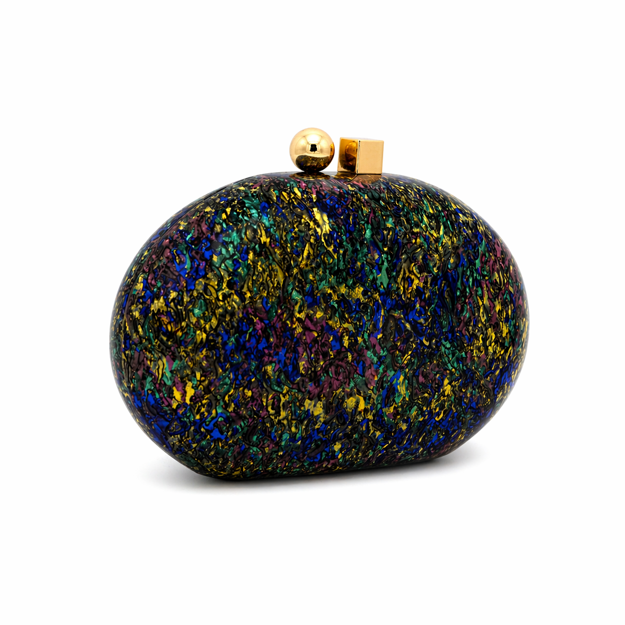 L’APOGÉE Muriphée oval acrylic clutch featuring iridescent blue, gold, purple, and black textured finishes with a smooth pebble-inspired silhouette designed for futuristic evening styling and statement party looks.