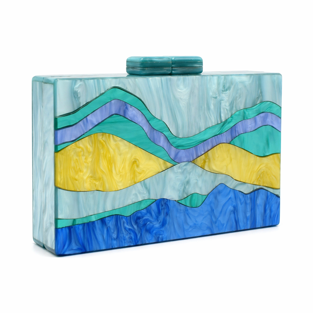 L’APOGÉE Pacifico blue and yellow marbled acrylic clutch inspired by ocean landscapes designed for weddings, vacations, formal events, and statement occasion styling.