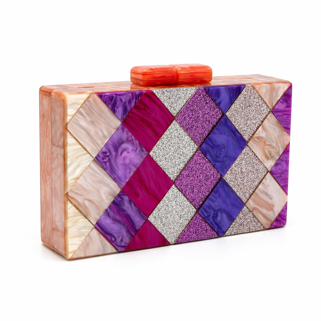 L’APOGÉE Disco Baby rectangular acrylic clutch featuring geometric checkerboard panels in purple, lilac, glitter silver, and nude marbled tones designed for disco-inspired party styling and bold evening fashion moments.
