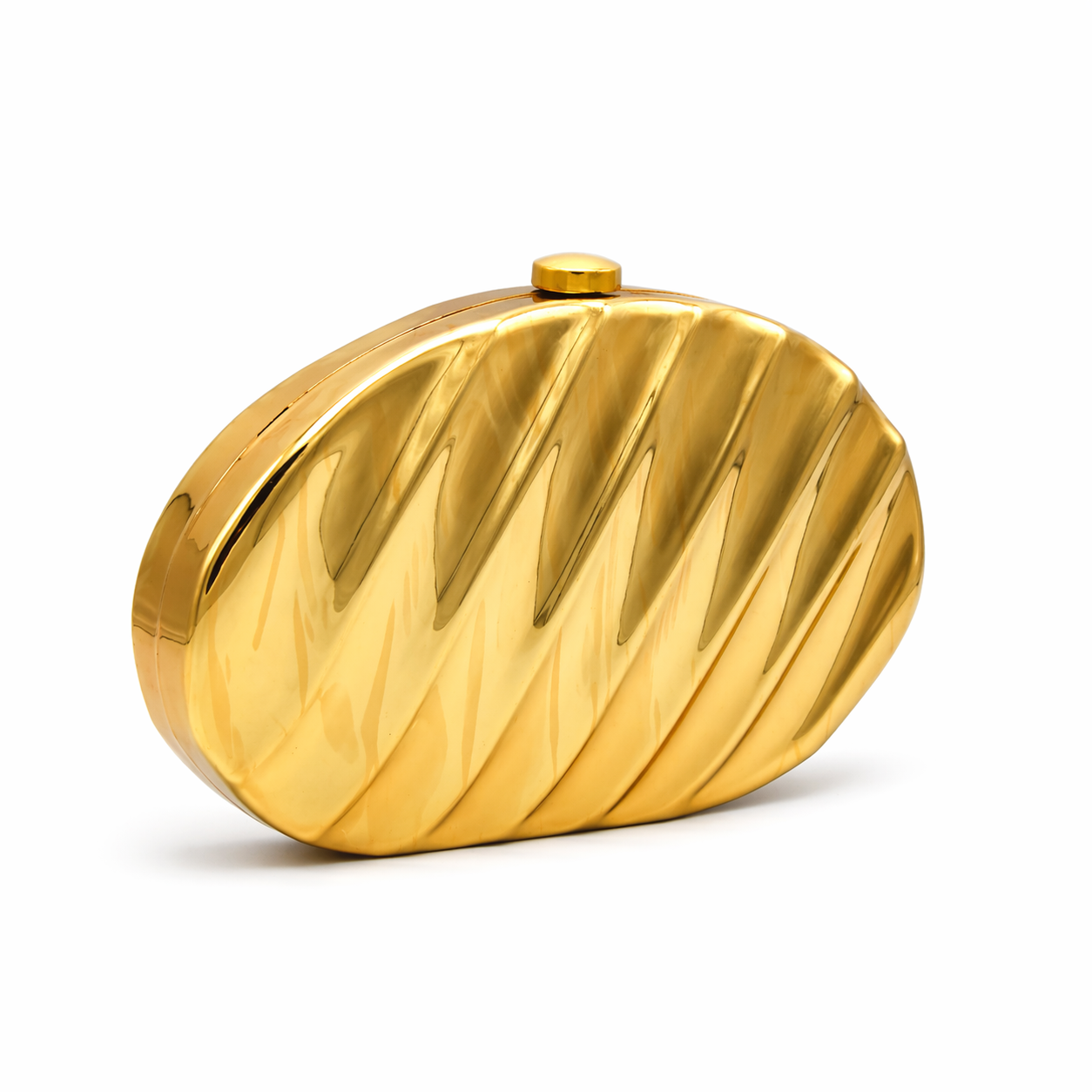 L’APOGÉE Lustre metallic evening clutch featuring reflective gold finishes, a sculptural oval silhouette, and modern luxury detailing designed for glamorous events and bold statement styling.