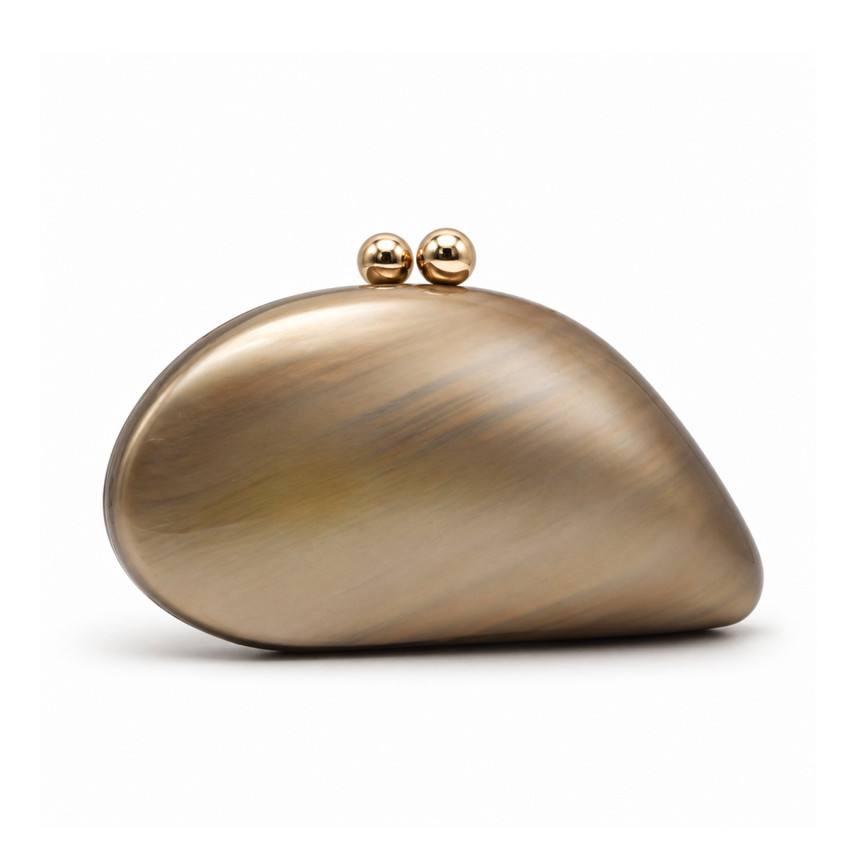 L’APOGÉE Alexandria in Brown shell-shaped acrylic evening bag featuring warm brown glossy tones and a sculptural curved silhouette designed for weddings, brunches, and elegant occasion styling.