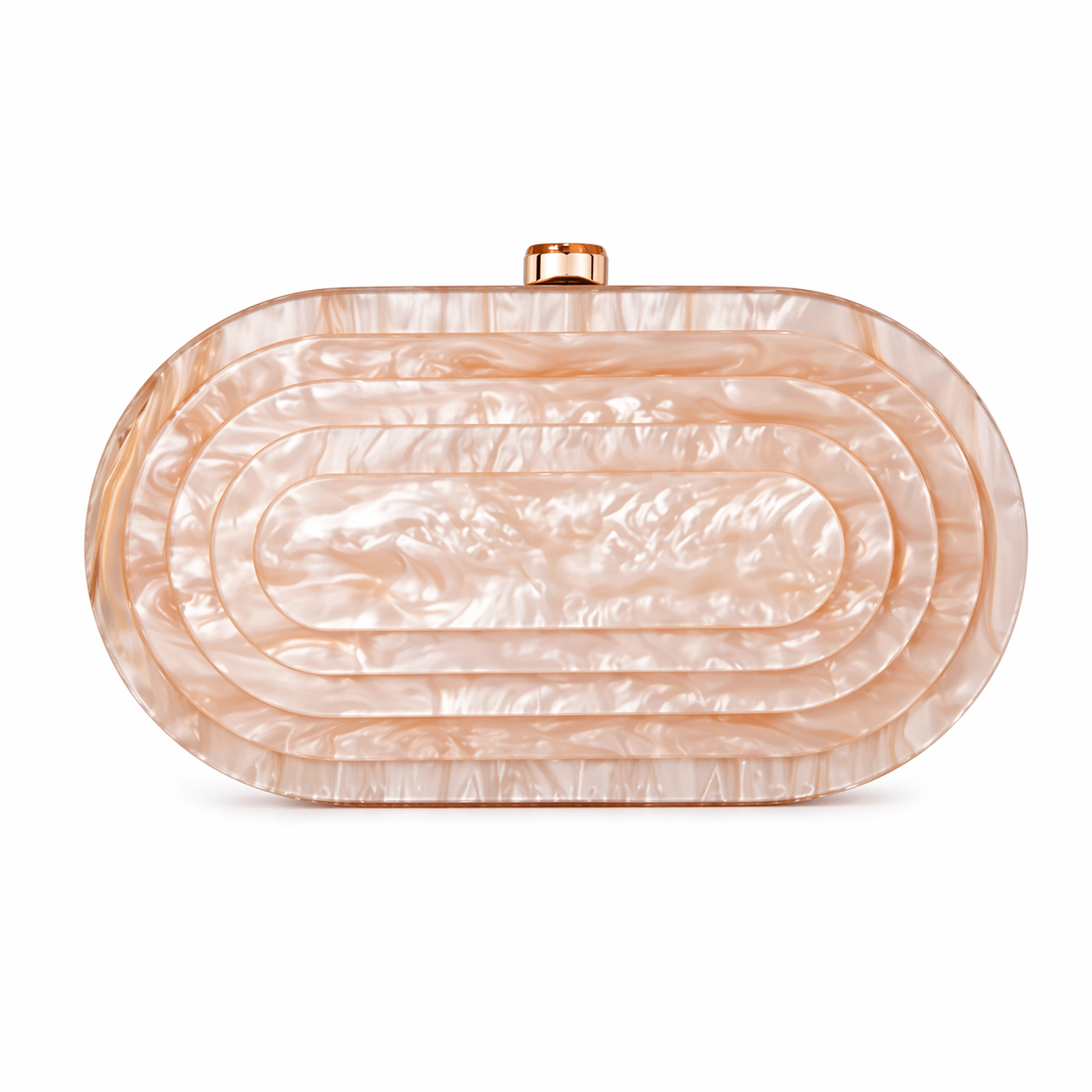 L’APOGÉE Olympia in Beige layered oval acrylic clutch featuring warm beige marbled tones and a sculptural concentric silhouette designed for weddings, dinners, and elegant occasion styling.