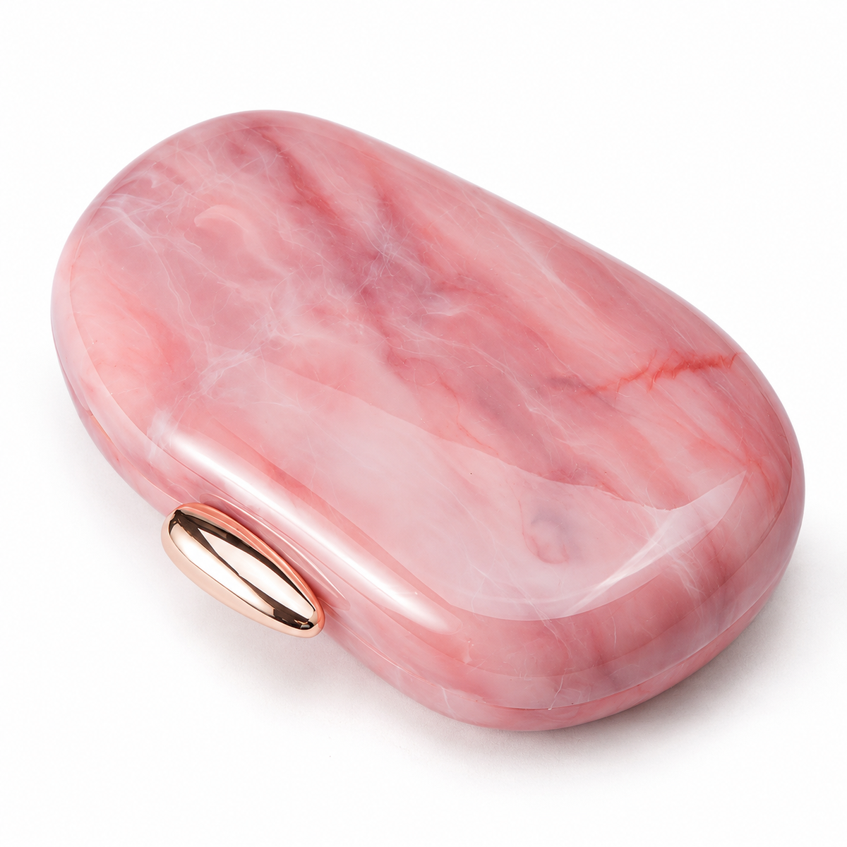 L’APOGÉE Puissance in Blush Quartz sculptural oval acrylic evening bag featuring soft blush quartz marbled tones and a glossy gold clasp designed for weddings, dinners, and elegant statement occasion styling.