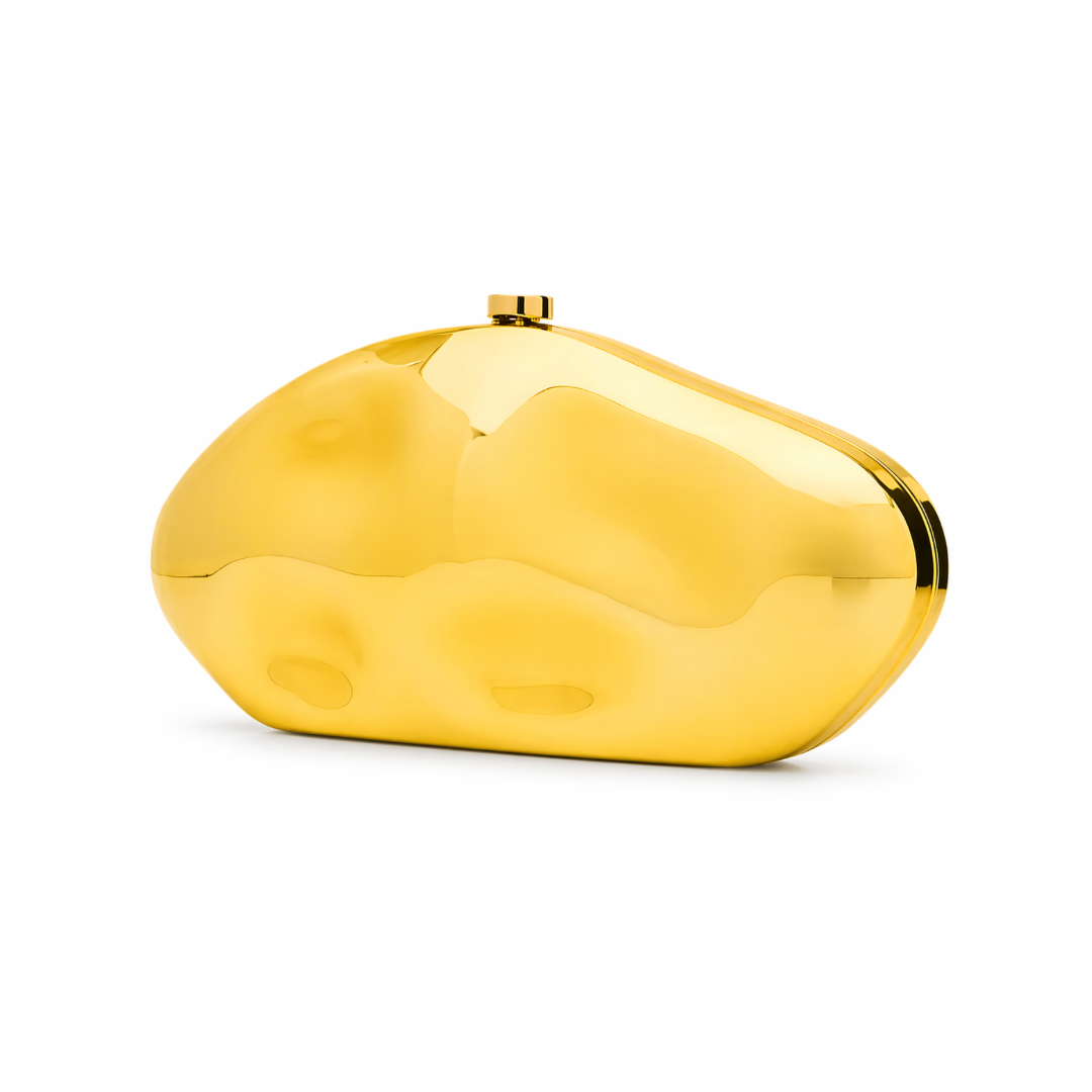 L’APOGÉE Moon in Gold sculptural acrylic evening bag featuring a futuristic metallic design for weddings, formal events, and statement occasion styling.