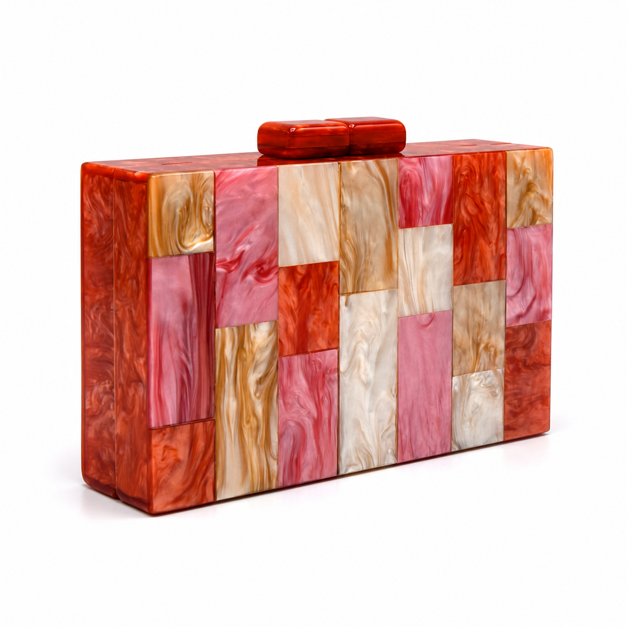 L’APOGÉE Bloom rectangular acrylic clutch featuring geometric marbled panels in pink, coral, ivory, and warm orange tones designed for playful luxury styling, summer events, and colorful evening looks.