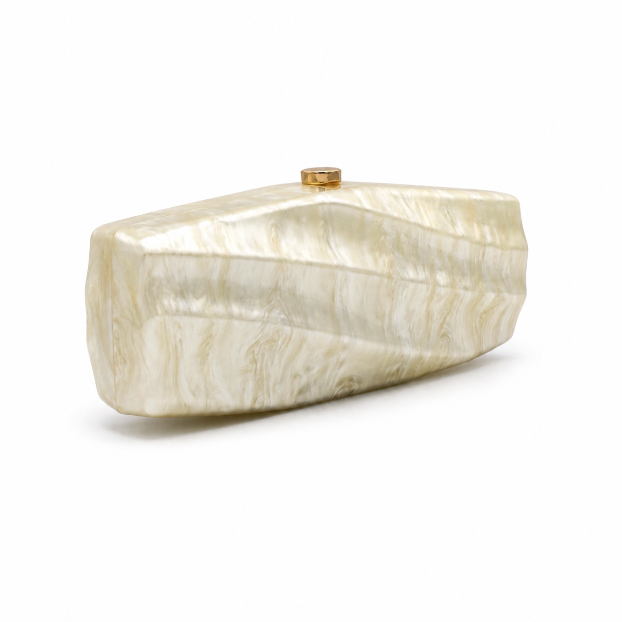 L’APOGÉE Solene elongated rectangular acrylic evening bag featuring pearly ivory marbled tones and a sleek sculptural silhouette designed for weddings, formal events, and elegant minimalist occasion styling.
