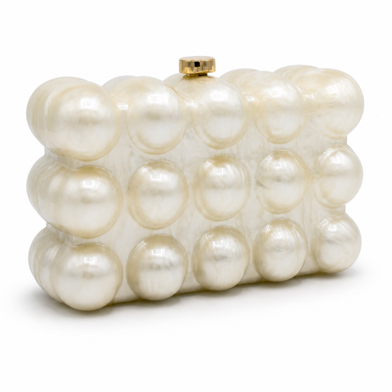 L’APOGÉE Burbuja pearl-inspired box evening bag featuring oversized glossy pearl spheres, a structured rectangular silhouette, and luxe statement detailing designed for weddings, bridal events, and elegant occasion styling.