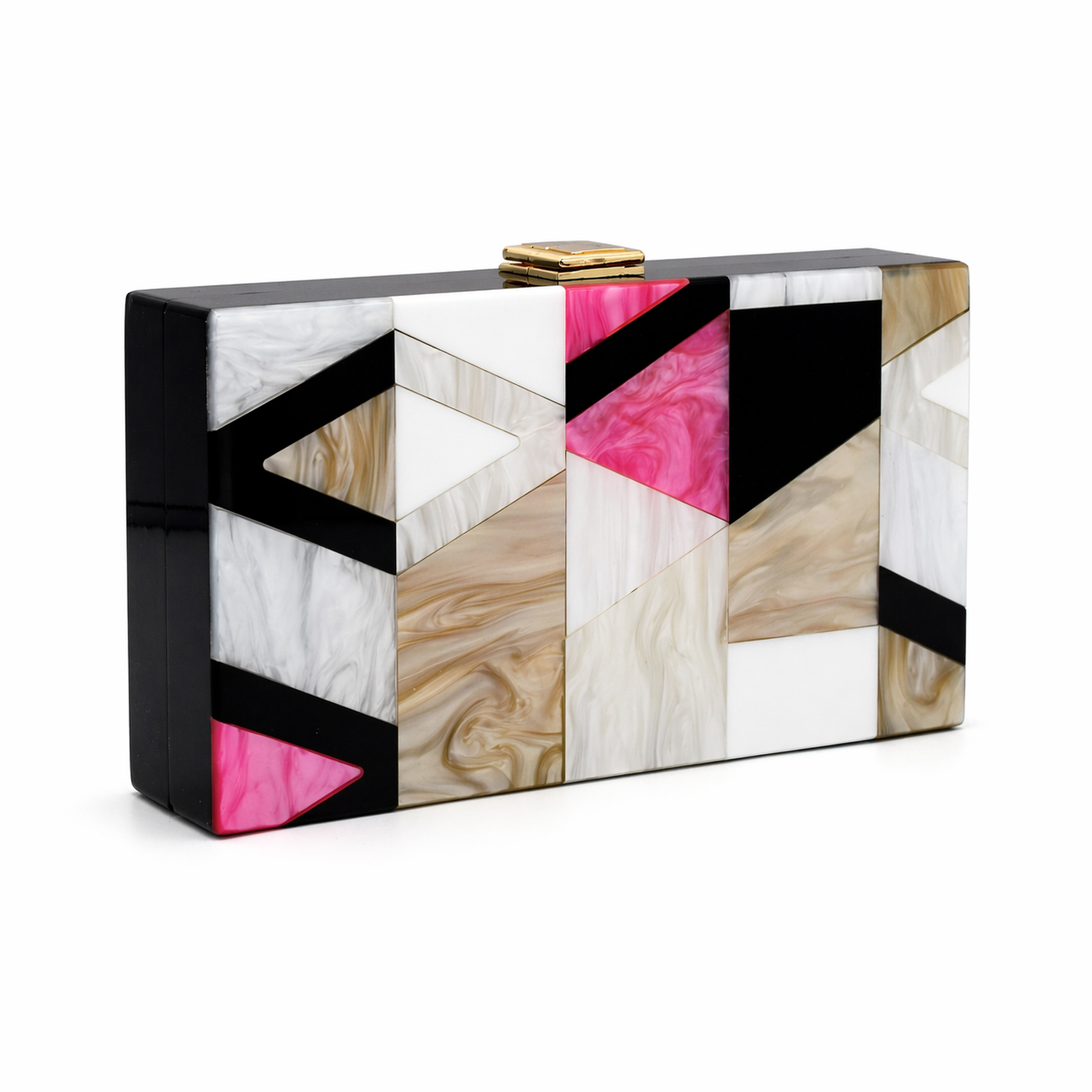 L’APOGÉE Museo rectangular acrylic clutch featuring geometric marbled panels in ivory, beige, black, and fuchsia pink designed for parties, fashion events, and artistic statement styling.