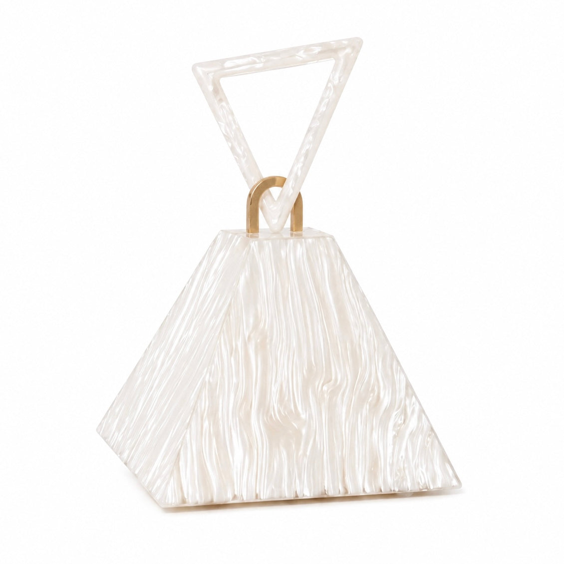 L’APOGÉE Amarna pyramid-shaped acrylic clutch featuring pearly ivory marbled finishes, a geometric sculptural silhouette, and a sleek triangular handle designed for bridal styling and modern luxury evening fashion looks.