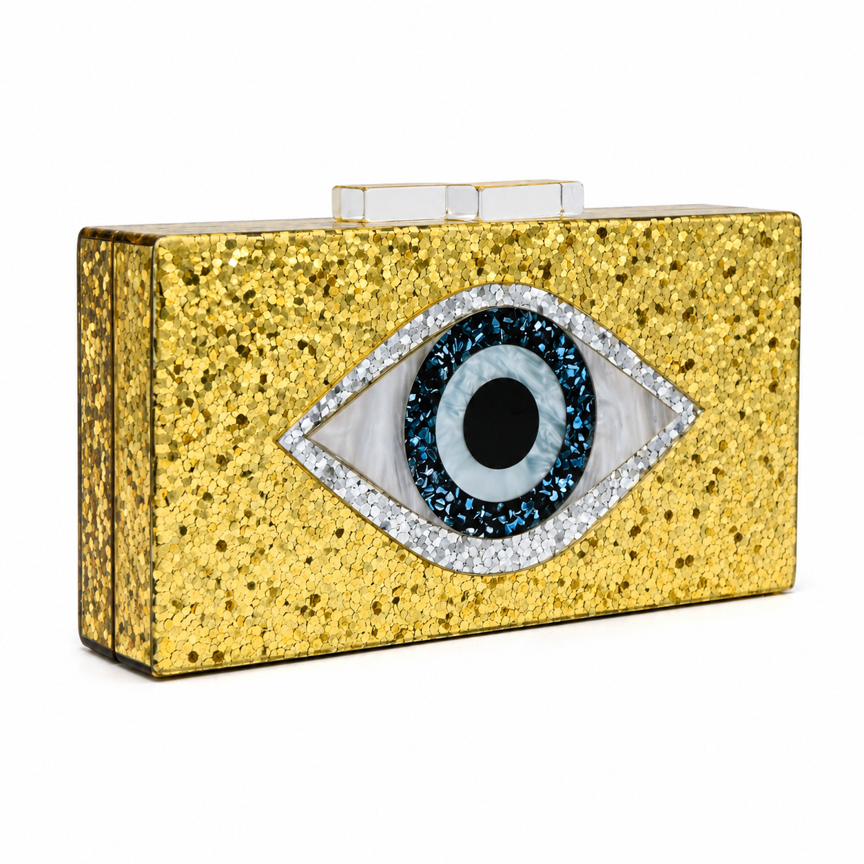 L’APOGÉE Retina rectangular acrylic clutch featuring glittering gold textures and a bold evil eye motif in blue, black, and silver designed for statement evening styling and artistic fashion looks.