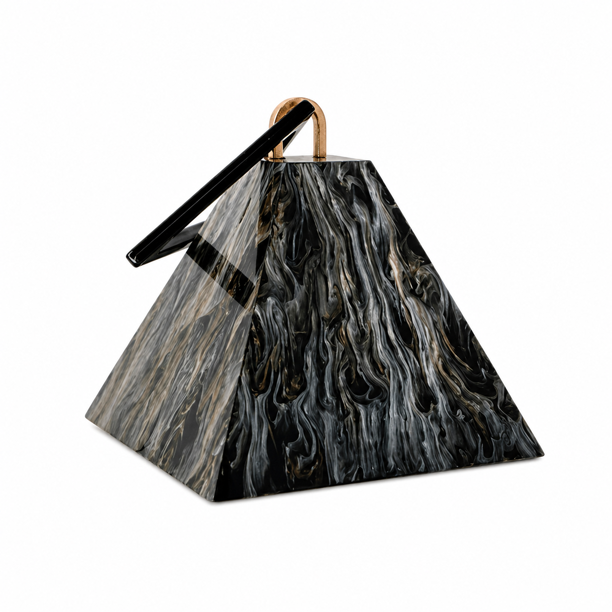 L’APOGÉE Nefra pyramid-shaped acrylic clutch featuring glossy black marbled textures, an architectural geometric silhouette, and a sculptural triangular handle designed for bold evening styling and avant garde luxury fashion looks.