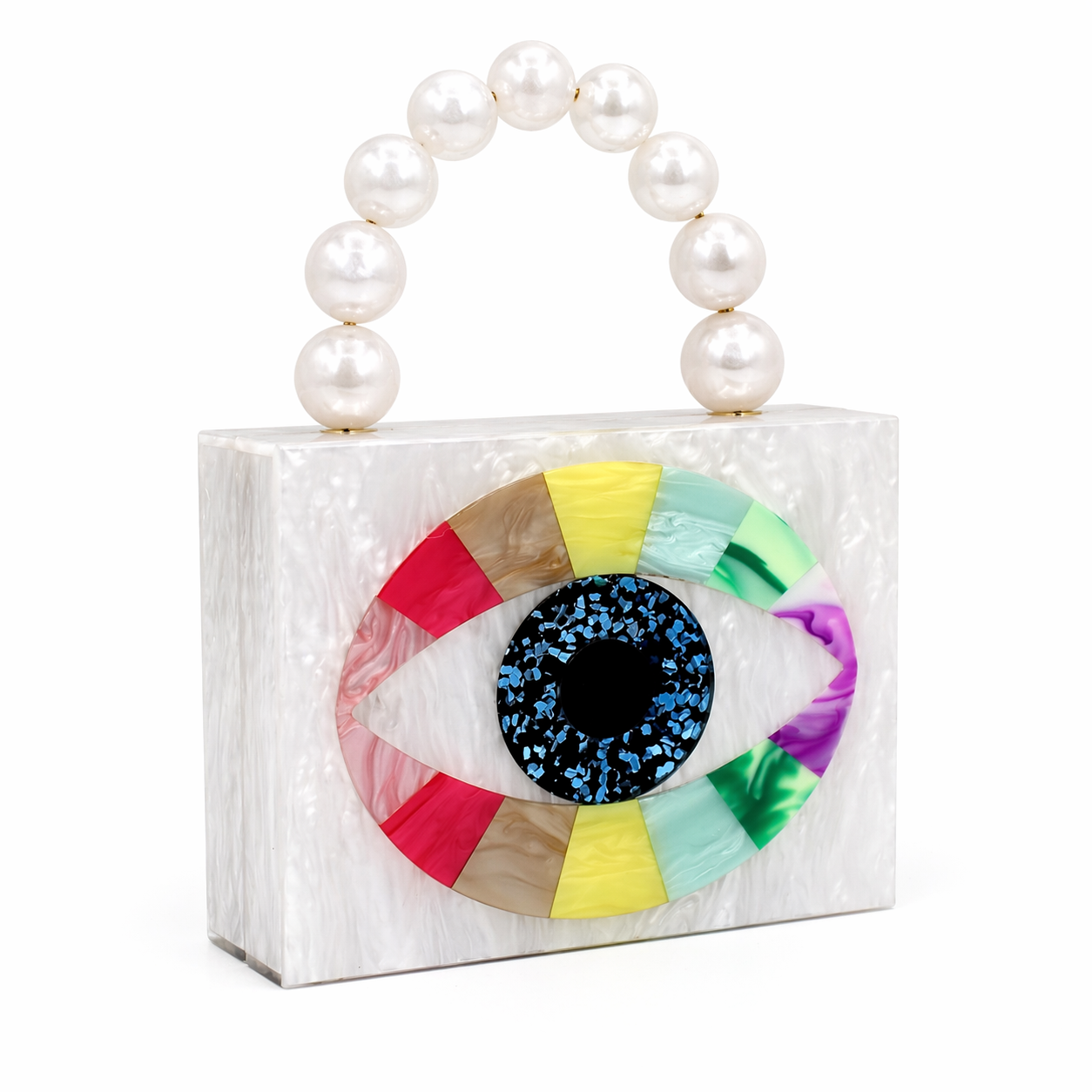 L’APOGÉE Ojito acrylic statement clutch featuring a colorful evil eye design, pearly white marbled tones, and a pearl top handle designed for vacations, parties, and playful statement styling.