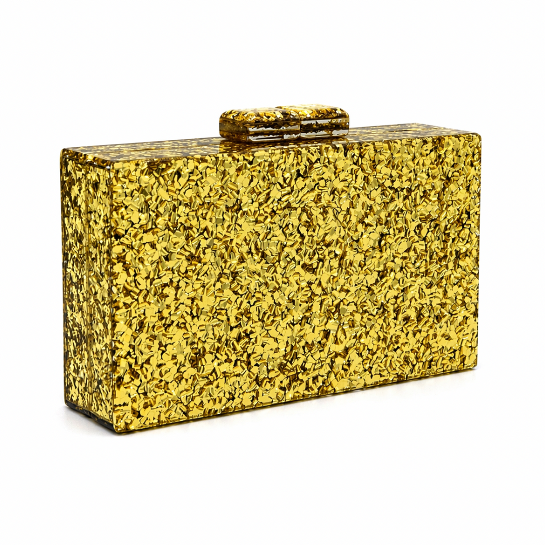 L’APOGÉE Glitz in Gold rectangular crystal box clutch featuring shimmering gold textured embellishments and a structured silhouette designed for weddings, parties, and luxury occasion styling.