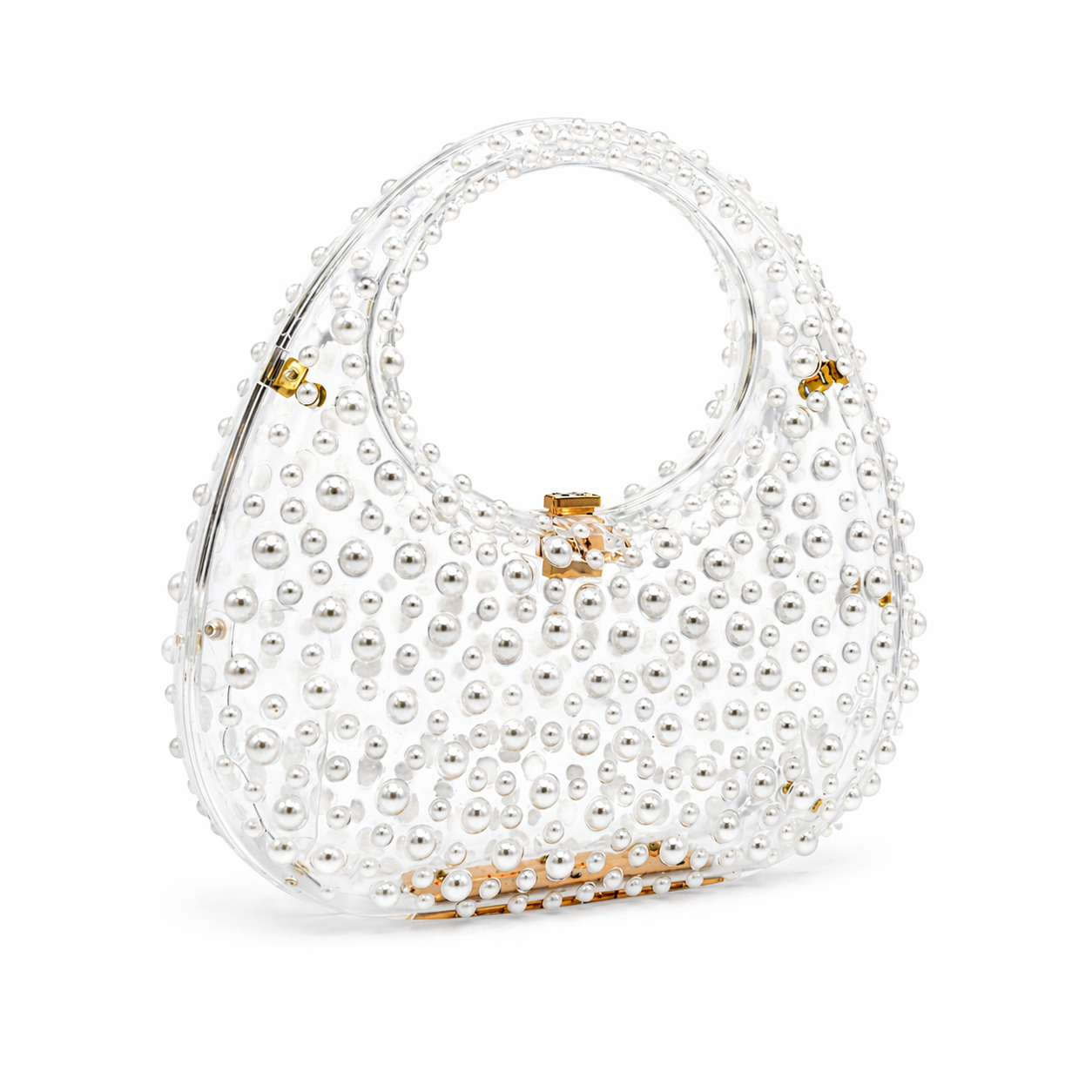 L’APOGÉE Éternelle pearl embellished evening bag featuring glossy ivory finishes, intricate pearl detailing, and an elegant rounded silhouette designed for bridal styling and sophisticated luxury occasions.