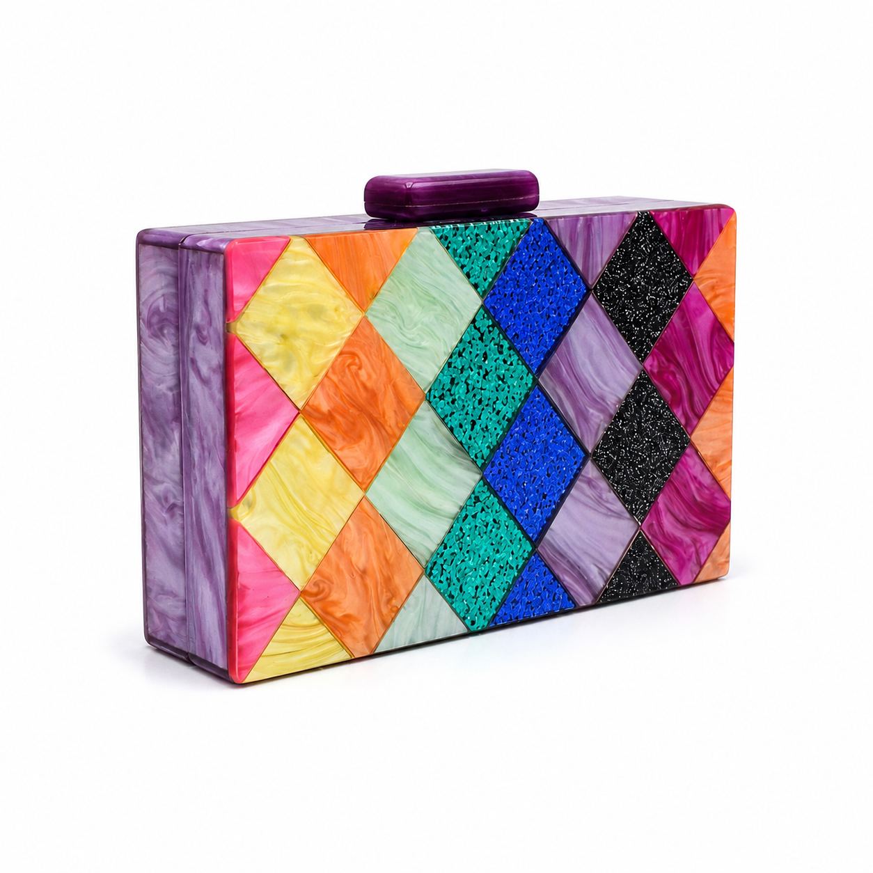 L’APOGÉE Boom Box Babe multicolor geometric acrylic clutch designed for parties, vacations, fashion events, and bold statement occasion styling.