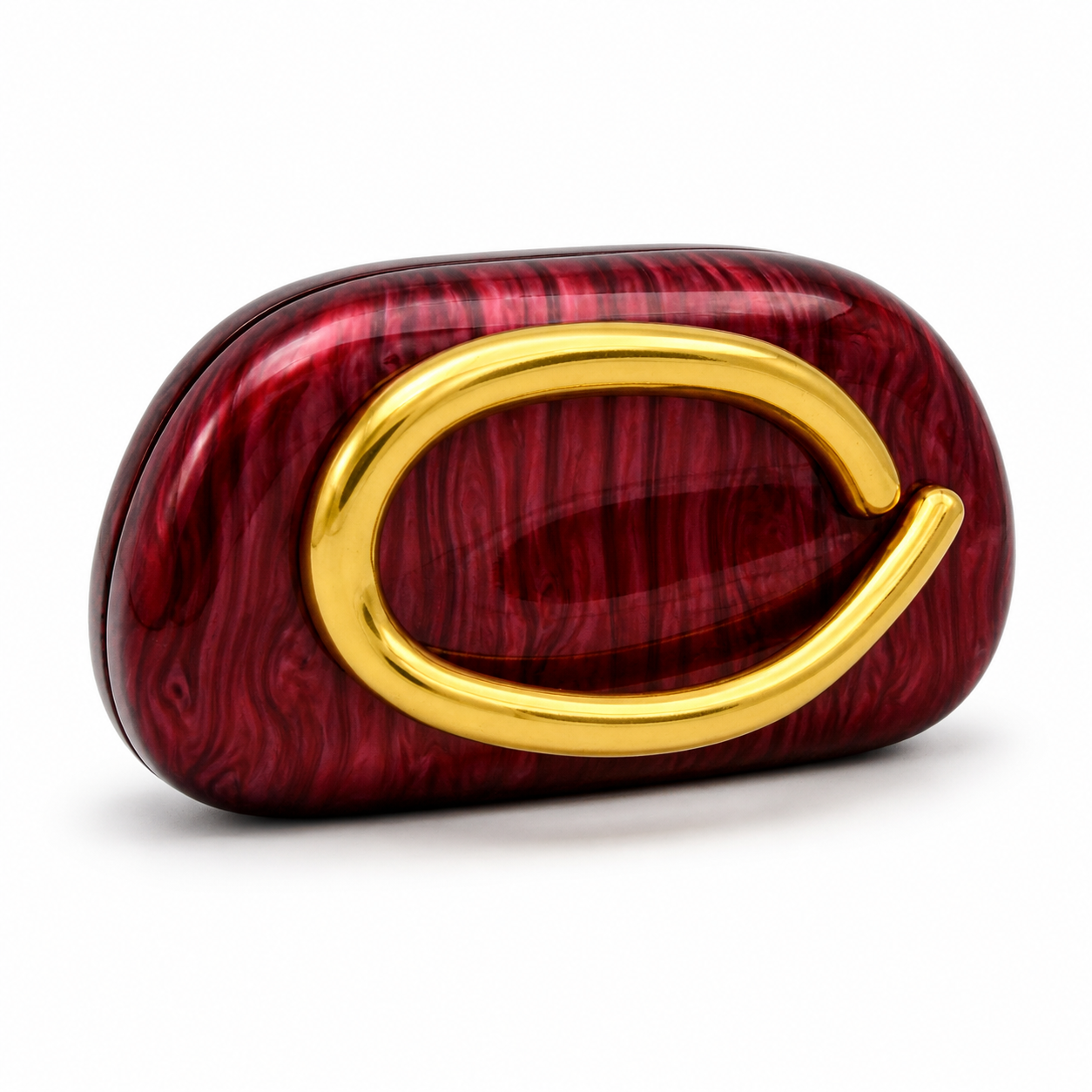L’APOGÉE Promise in Burgundy sculptural acrylic clutch featuring a deep burgundy marbled finish, rounded cloud-inspired silhouette, and oversized gold statement handle designed for formal dinners, cocktail parties, and bold evening styling.