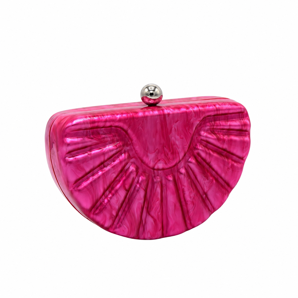 L’APOGÉE Sirena in Fuchsia shell-inspired acrylic evening bag featuring vibrant fuchsia marbled tones, sculptural fan detailing, and a curved silhouette designed for parties, fashion events, and bold statement styling.