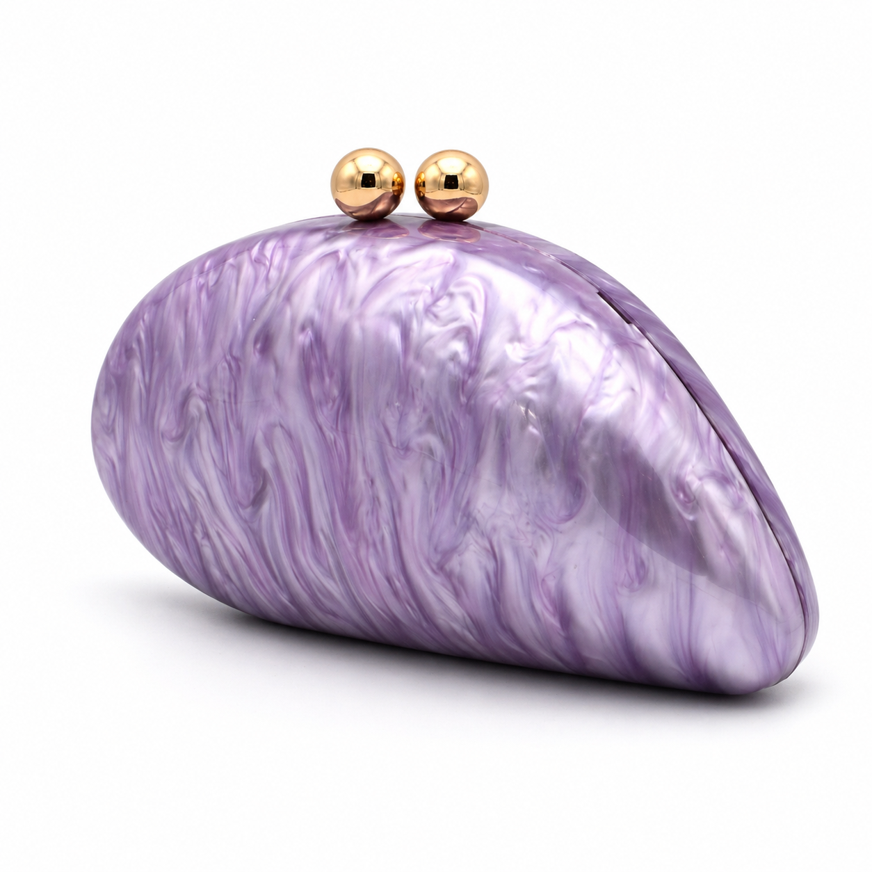 L’APOGÉE Alexandria in Lilac shell-shaped acrylic evening bag featuring soft lilac marbled tones and a sculptural curved silhouette designed for parties, weddings, and feminine statement occasion styling.