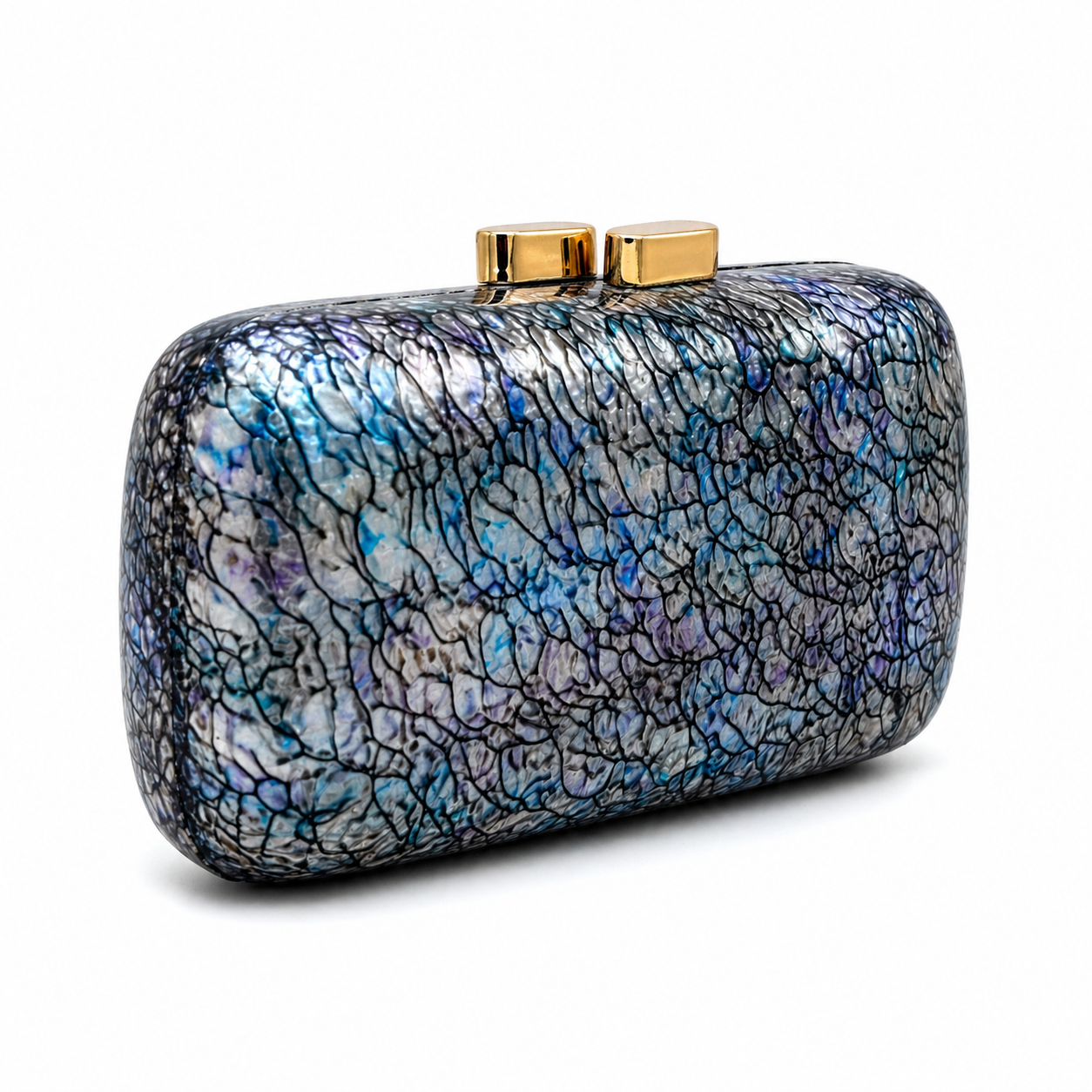 L’APOGÉE Elektra rectangular acrylic clutch featuring iridescent cracked textures in silver, blue, violet, and black with a glossy structured silhouette designed for futuristic evening styling and statement fashion moments.