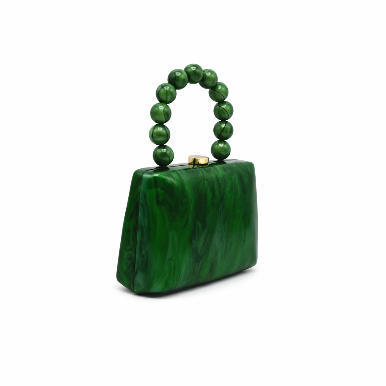 L’APOGÉE Malachéa structured acrylic clutch featuring rich emerald green marbled textures, a glossy rectangular silhouette, and a sculptural green beaded top handle designed for luxury evening styling and bold statement fashion looks.