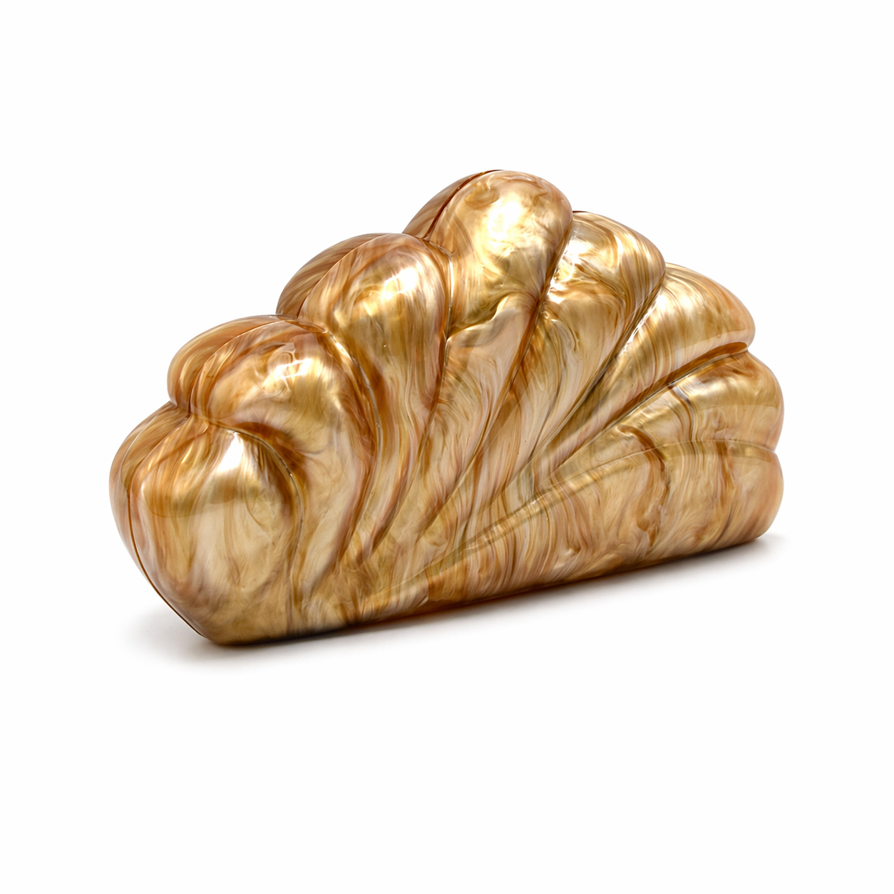 L’APOGÉE Coralline in Caramel shell-inspired acrylic clutch featuring warm caramel marbled finishes, sculptural oceanic curves, and an artistic silhouette designed for sophisticated evening styling and statement fashion moments.