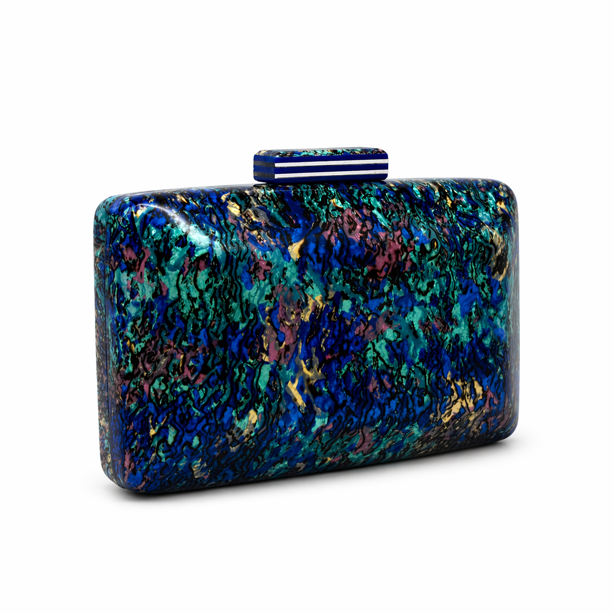 L’APOGÉE Celestia acrylic clutch featuring luminous blue iridescent textures, a glossy rectangular silhouette, and modern metallic detailing designed for luxury evening styling and artistic statement fashion looks.
