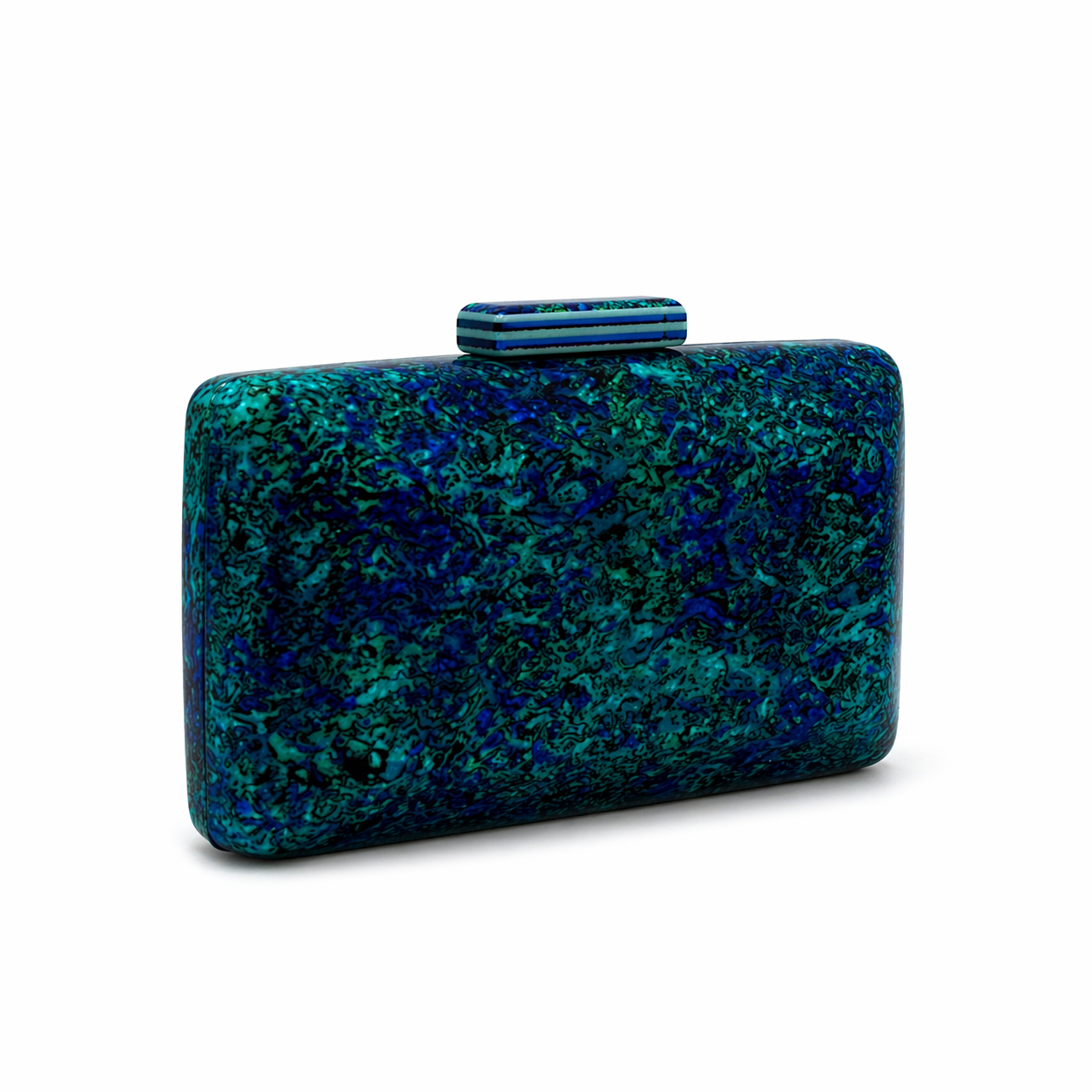 L’APOGÉE Marea acrylic clutch featuring iridescent blue and emerald reflective textures, a glossy structured silhouette, and modern metallic detailing designed for glamorous evening styling and bold statement fashion looks.