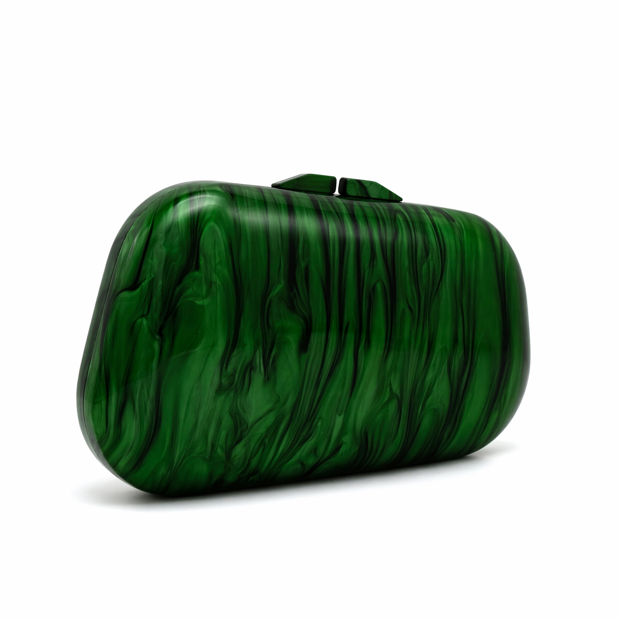 L’APOGÉE Émera sculptural acrylic evening bag featuring rich emerald green marbled finishes, a glossy curved silhouette, and a statement green beaded handle designed for luxury evening styling and bold fashion moments.