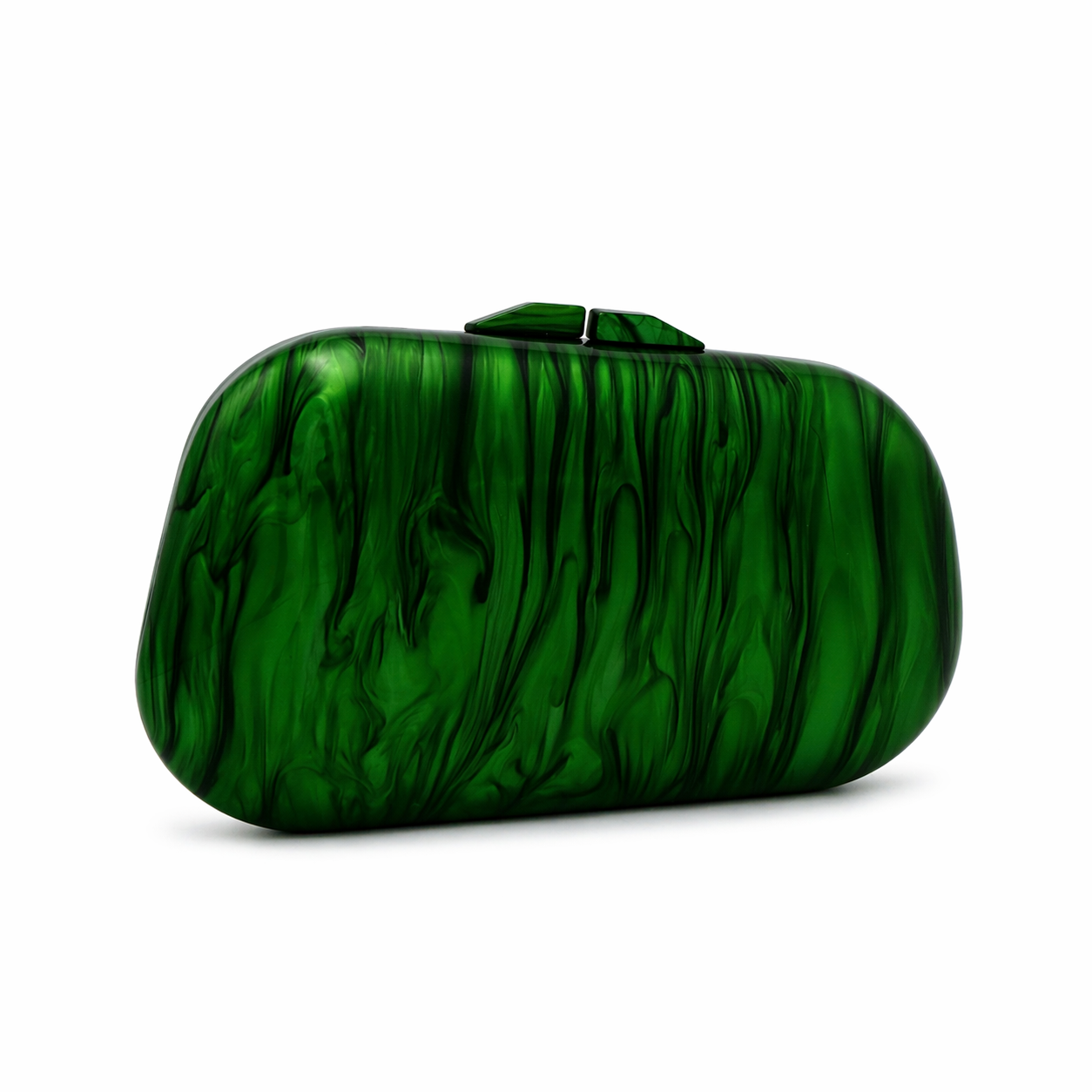 L’APOGÉE Émera sculptural acrylic evening bag featuring rich emerald green marbled finishes, a glossy curved silhouette, and a statement green beaded handle designed for luxury evening styling and bold fashion moments.