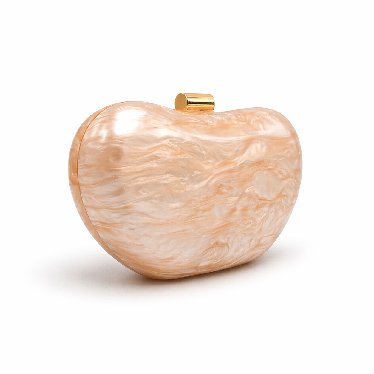 L’APOGÉE Terra sculptural acrylic clutch featuring soft beige marbled finishes, an organic curved silhouette, and glossy luxury detailing designed for sophisticated evening styling and modern statement fashion looks.
