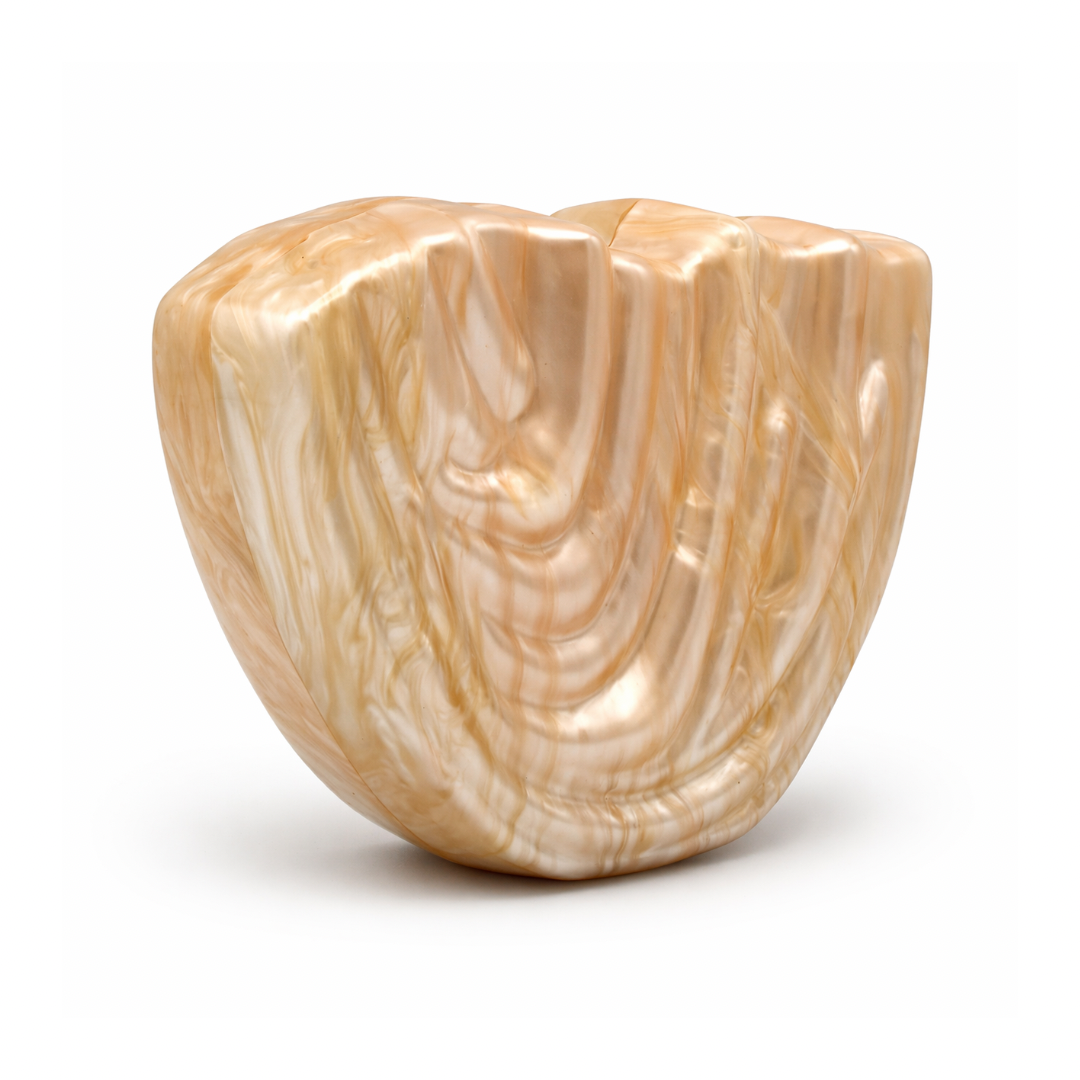 L’APOGÉE Drapée in Beige sculptural acrylic clutch featuring flowing carved textures, warm beige marbled finishes, and an artistic organic silhouette designed for luxury evening styling and modern statement fashion looks.