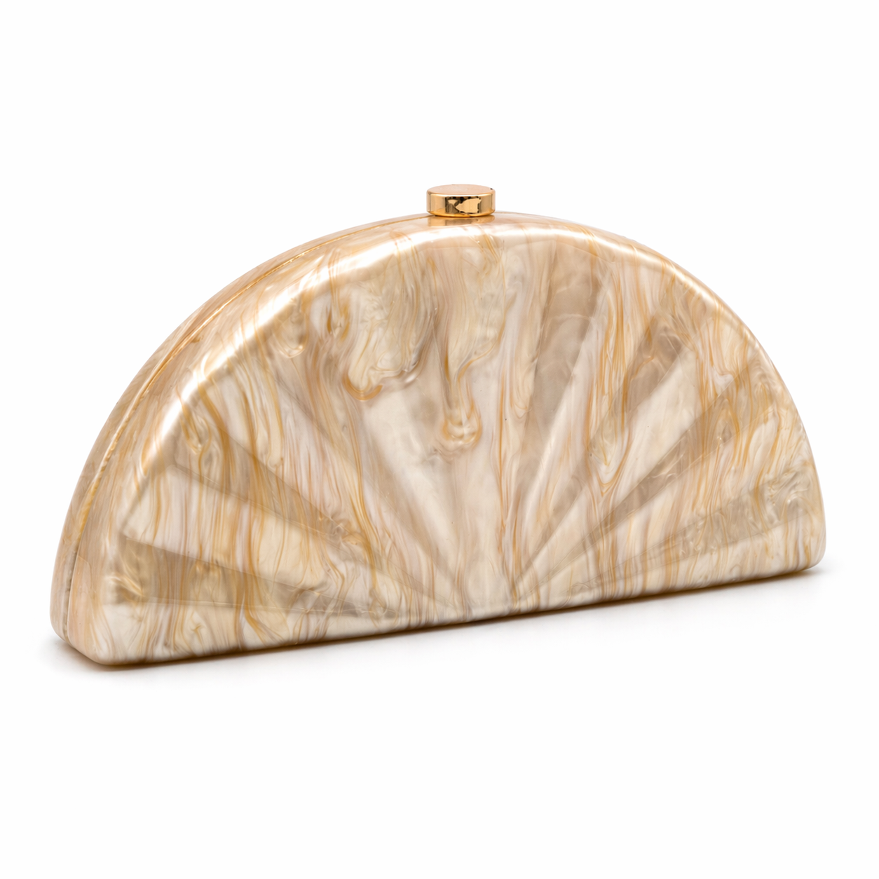 L’APOGÉE Sensu in Beige fan-shaped acrylic evening bag featuring glossy beige marbled tones and a sculptural pleated silhouette designed for weddings, formal events, and elegant occasion styling.