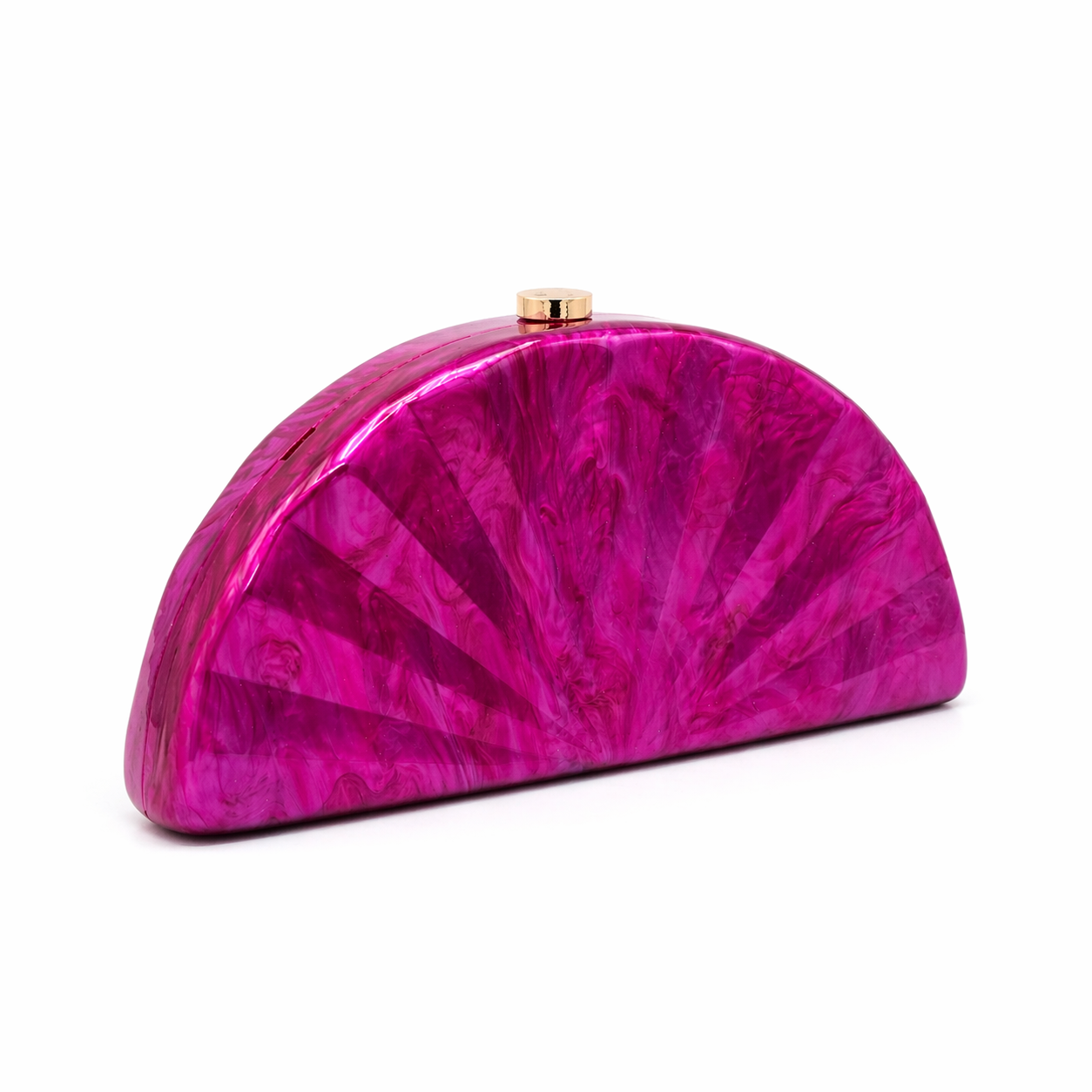 L’APOGÉE Sensu in Fuchsia fan-shaped acrylic evening bag featuring vibrant fuchsia marbled tones and a sculptural pleated silhouette designed for parties, fashion events, and bold statement styling.