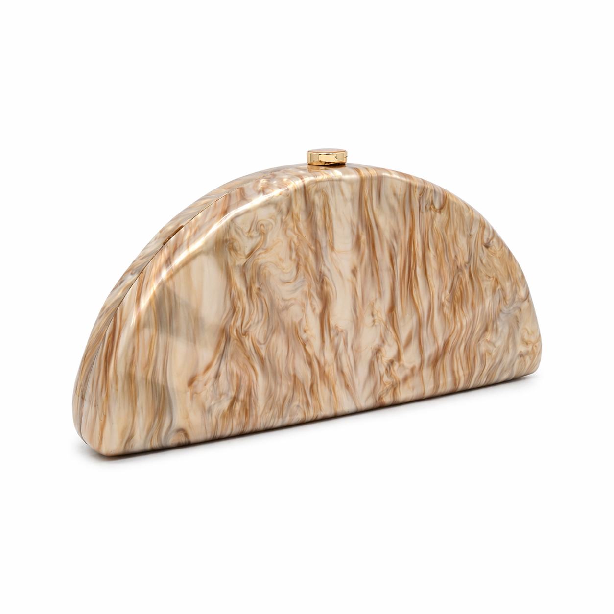 L’APOGÉE Sensu in Champagne fan-shaped acrylic evening bag featuring glossy champagne gold marbled tones and a sculptural pleated silhouette designed for weddings, luxury dinners, and glamorous evening styling.