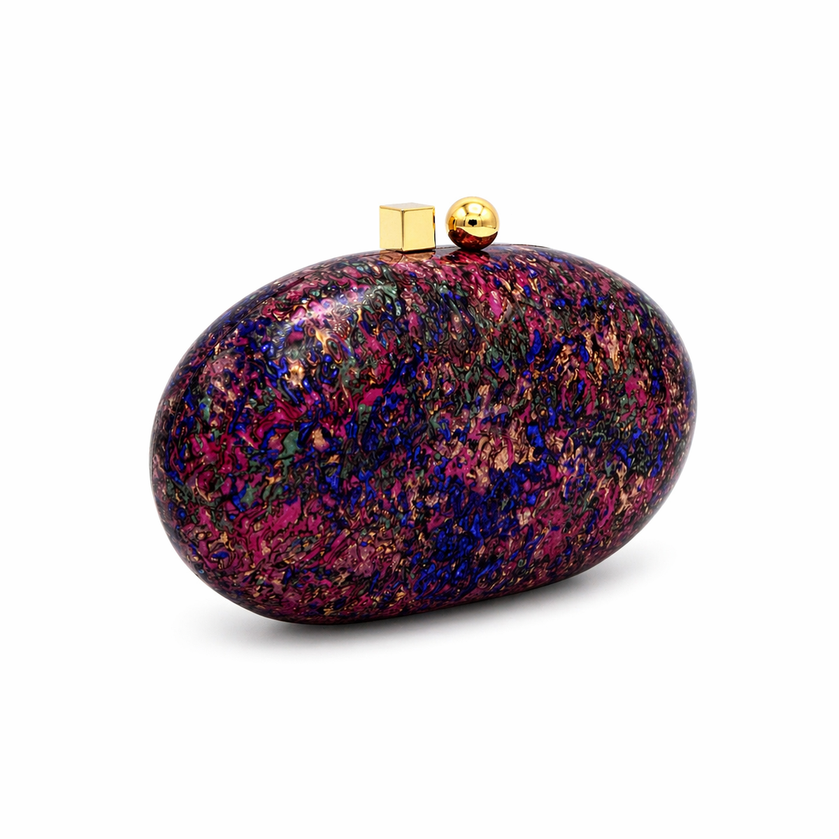 L’APOGÉE Orphée oval acrylic evening bag featuring iridescent multicolor marbled tones in purple, blue, pink, and gold with a glossy sculptural silhouette designed for parties, fashion events, and statement evening styling.