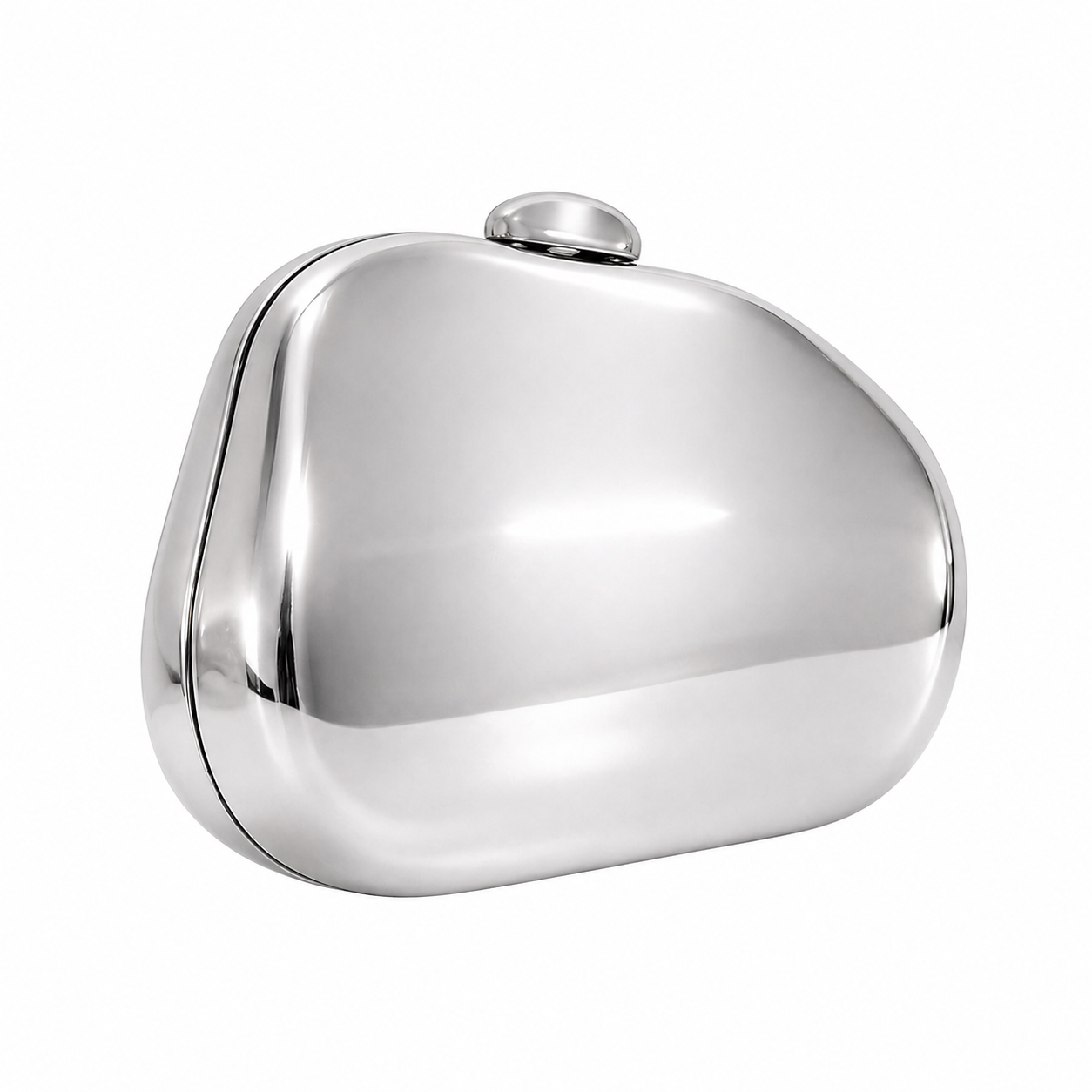 L’APOGÉE Reflection in Silver metallic evening bag featuring a sculptural rose gold design for weddings, formal events, and elegant statement styling.