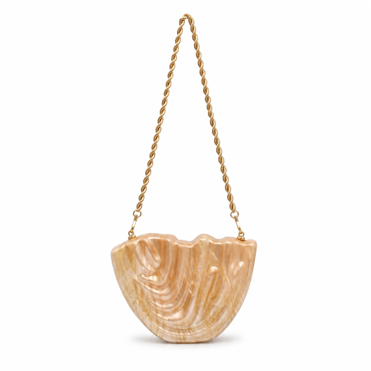 L’APOGÉE Drapée in Beige sculptural acrylic clutch featuring flowing carved textures, warm beige marbled finishes, and an artistic organic silhouette designed for luxury evening styling and modern statement fashion looks.