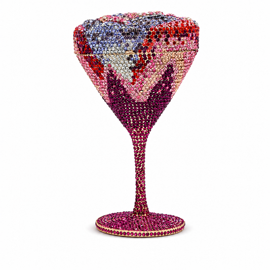 L’APOGÉE After Party rhinestone cocktail-shaped evening bag designed for parties, weddings, formal events, and glamorous night-out styling.