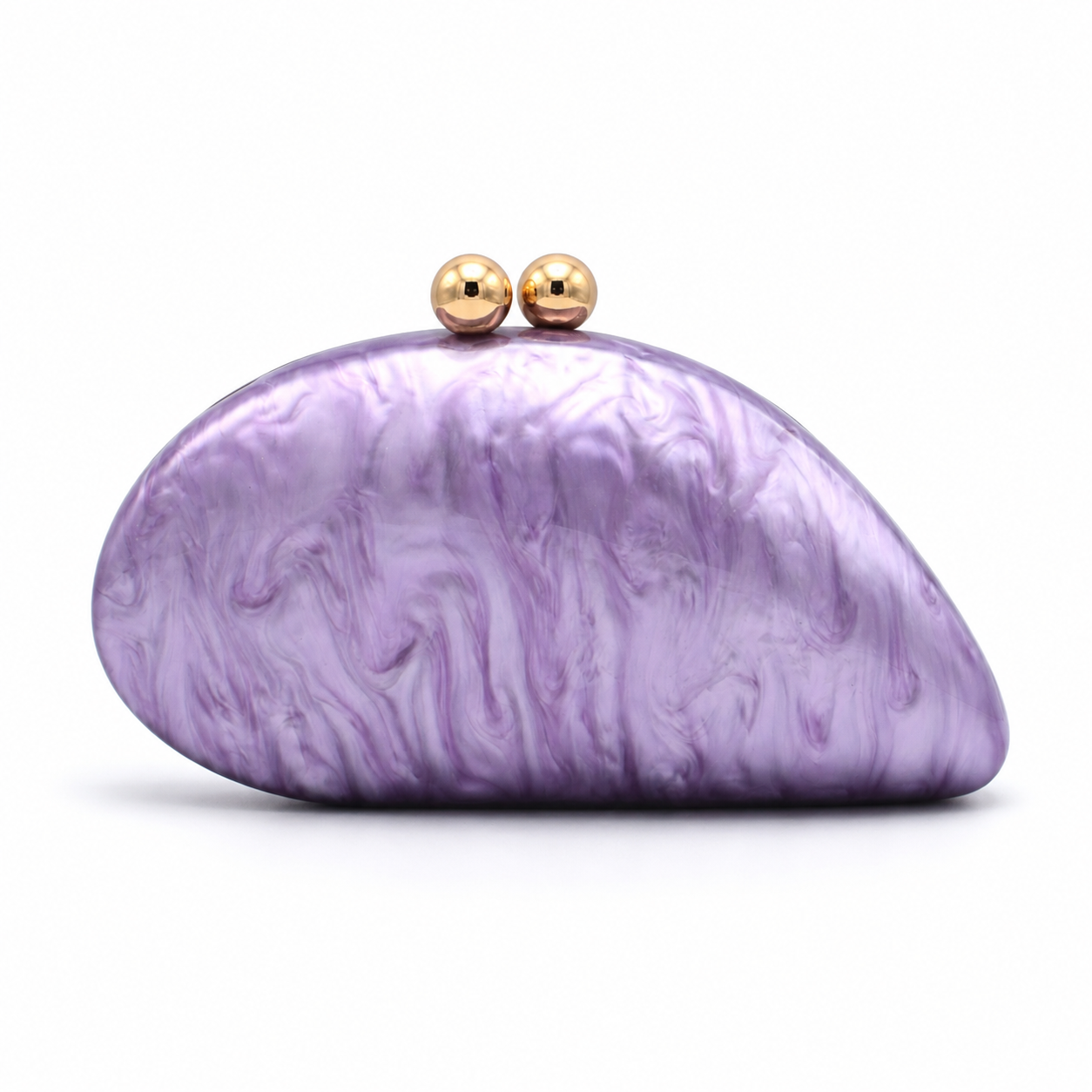 L’APOGÉE Alexandria in Lilac shell-shaped acrylic evening bag featuring soft lilac marbled tones and a sculptural curved silhouette designed for parties, weddings, and feminine statement occasion styling.