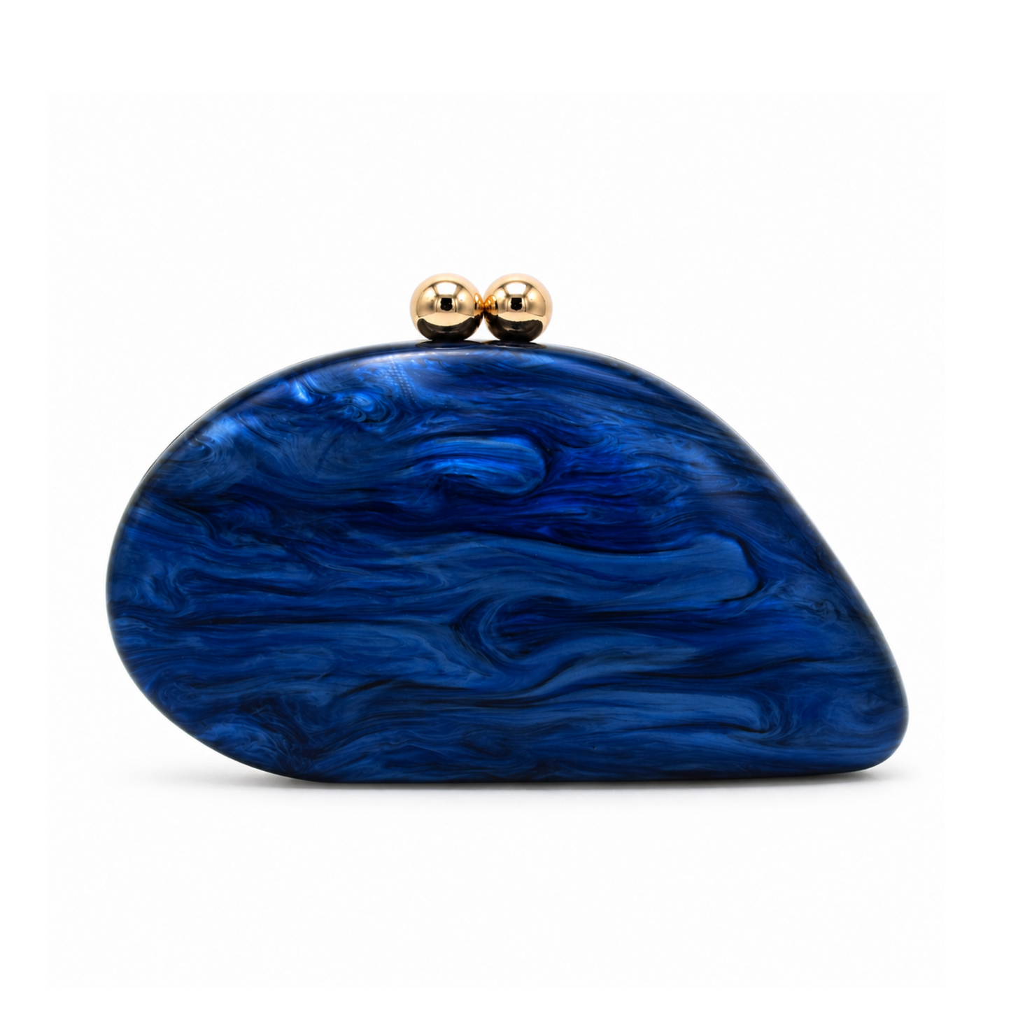L’APOGÉE Alexandria in Navy shell-shaped acrylic evening bag featuring deep navy marbled tones and a sculptural curved silhouette designed for formal events, dinners, and elegant night styling.