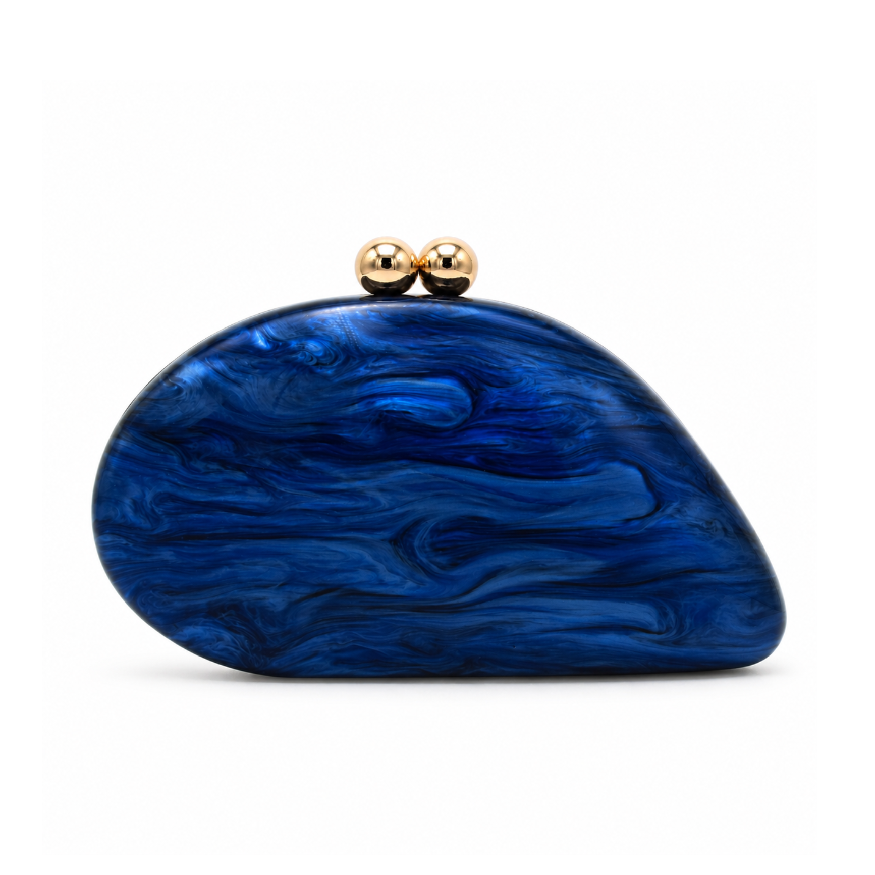 L’APOGÉE Alexandria in Navy shell-shaped acrylic evening bag featuring deep navy marbled tones and a sculptural curved silhouette designed for formal events, dinners, and elegant night styling.