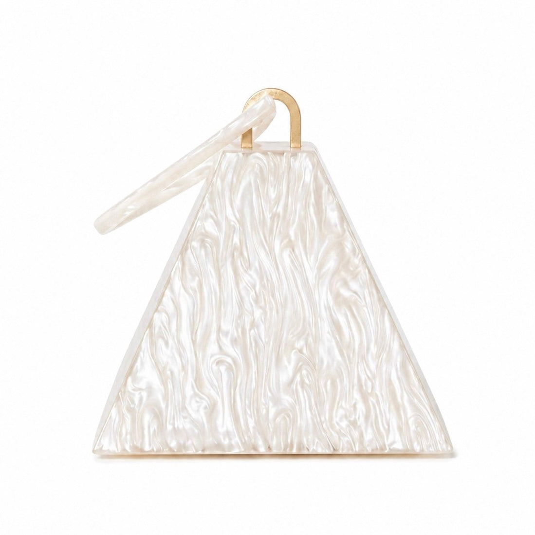 L’APOGÉE Amarna pyramid-shaped acrylic clutch featuring pearly ivory marbled finishes, a geometric sculptural silhouette, and a sleek triangular handle designed for bridal styling and modern luxury evening fashion looks.