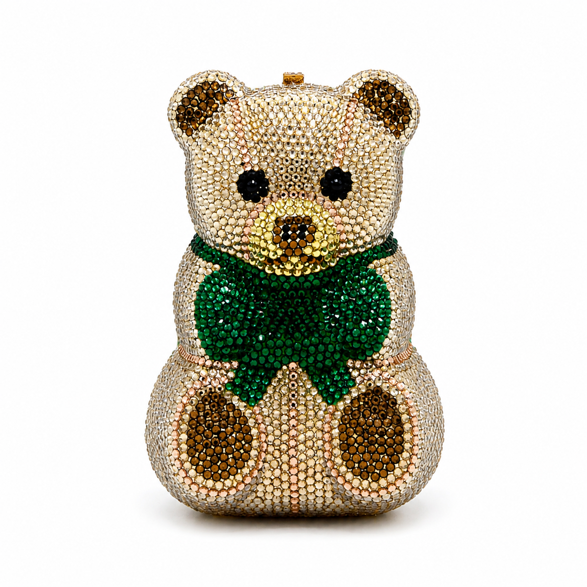 L’APOGÉE Bestie teddy bear-shaped rhinestone evening bag designed for parties, playful statement styling, fashion events, and glamorous occasion looks.