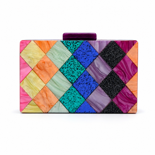 L’APOGÉE Boom Box Babe multicolor geometric acrylic clutch designed for parties, vacations, fashion events, and bold statement occasion styling.