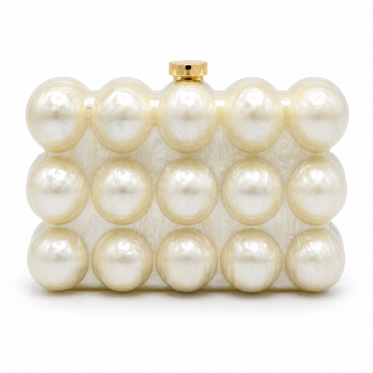 L’APOGÉE Burbuja pearl-inspired box evening bag featuring oversized glossy pearl spheres, a structured rectangular silhouette, and luxe statement detailing designed for weddings, bridal events, and elegant occasion styling.