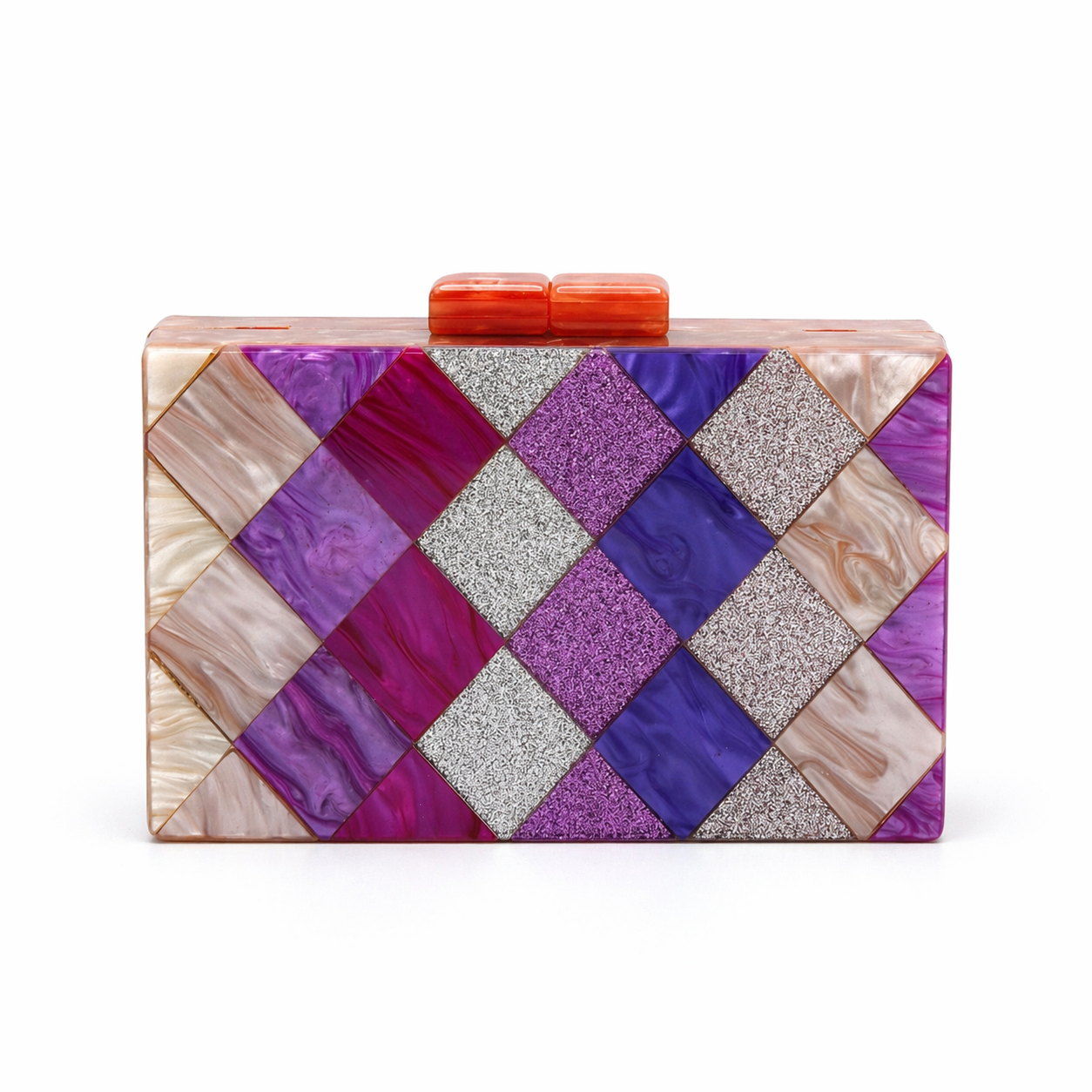 L’APOGÉE Disco Baby rectangular acrylic clutch featuring geometric checkerboard panels in purple, lilac, glitter silver, and nude marbled tones designed for disco-inspired party styling and bold evening fashion moments.