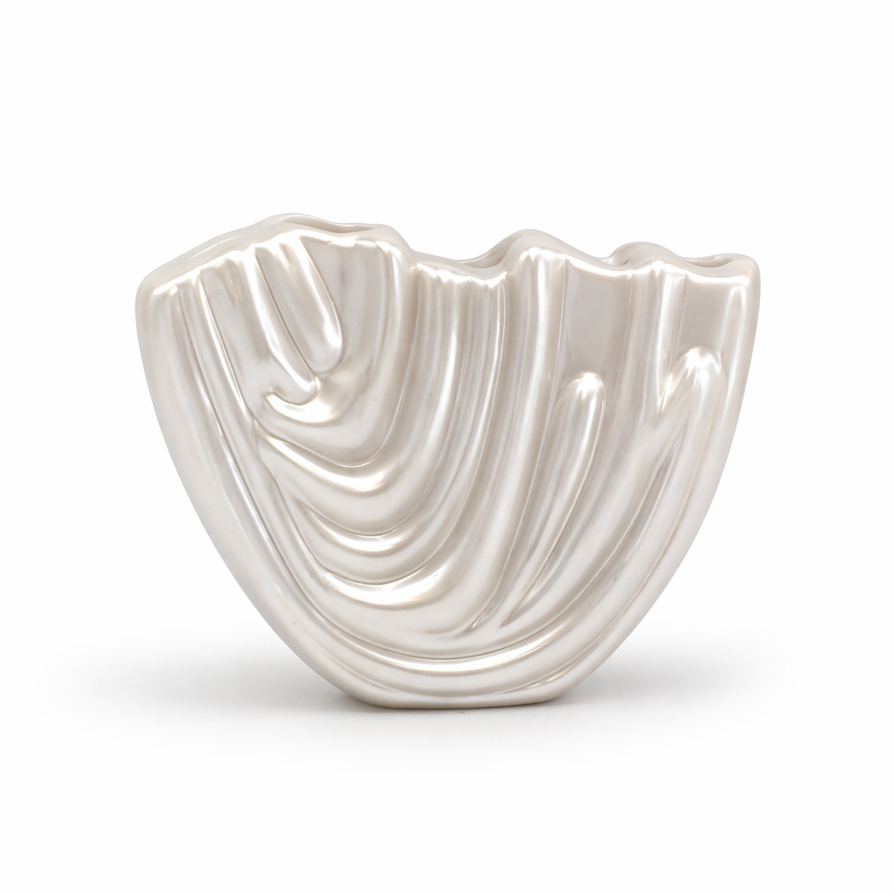 L’APOGÉE Drapée in Pearl sculptural acrylic clutch featuring pearly ivory finishes, flowing carved textures, and an artistic organic silhouette designed for bridal styling, elegant evenings, and contemporary luxury fashion moments.