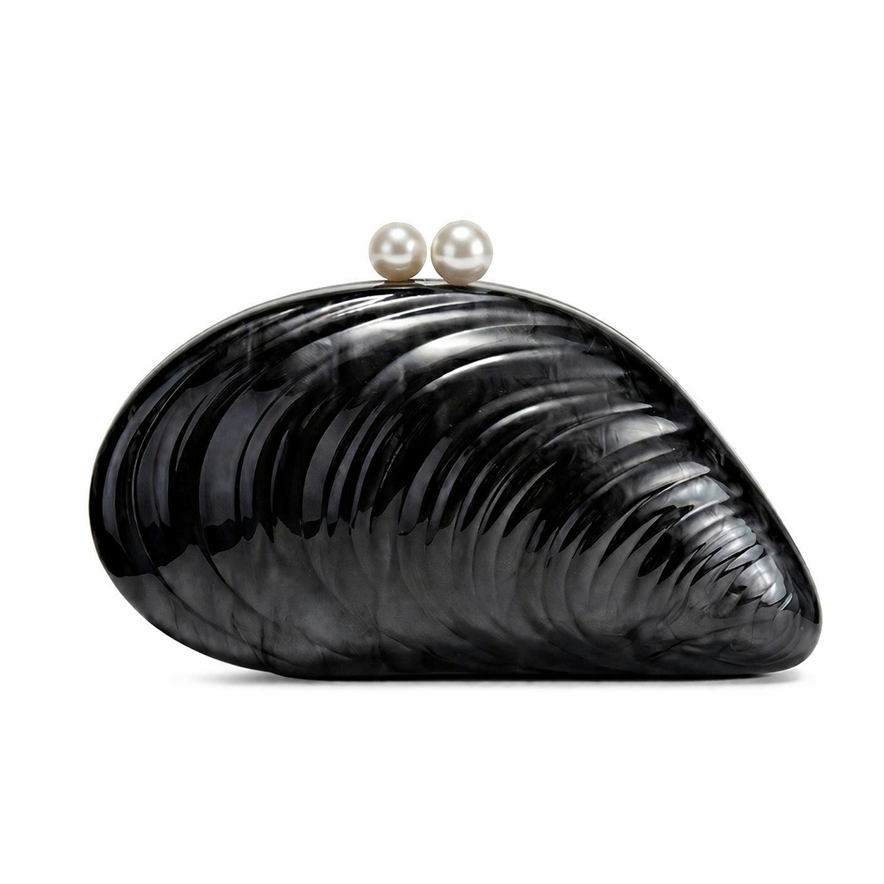 L’APOGÉE Elefteria black shell-shaped evening bag featuring a sculptural glossy design for weddings, formal events, luxury dinners, and elegant statement occasion styling.